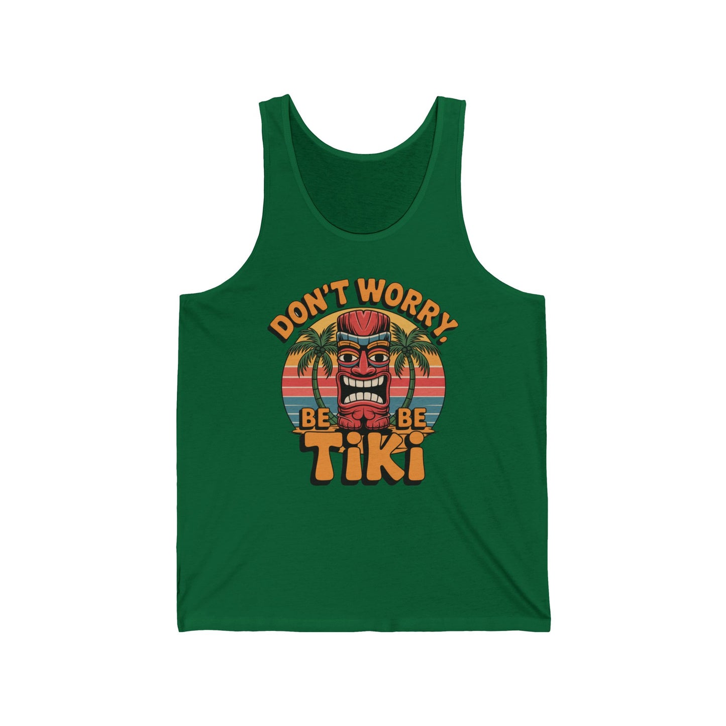 The Tiki Vibe Tank Top is green, with a colorful Tiki mask, palm trees, and sunset graphic. Bold “DONT WORRY” sits above and “BE TIKI” below—perfect for channeling laid-back island and beach vibes.