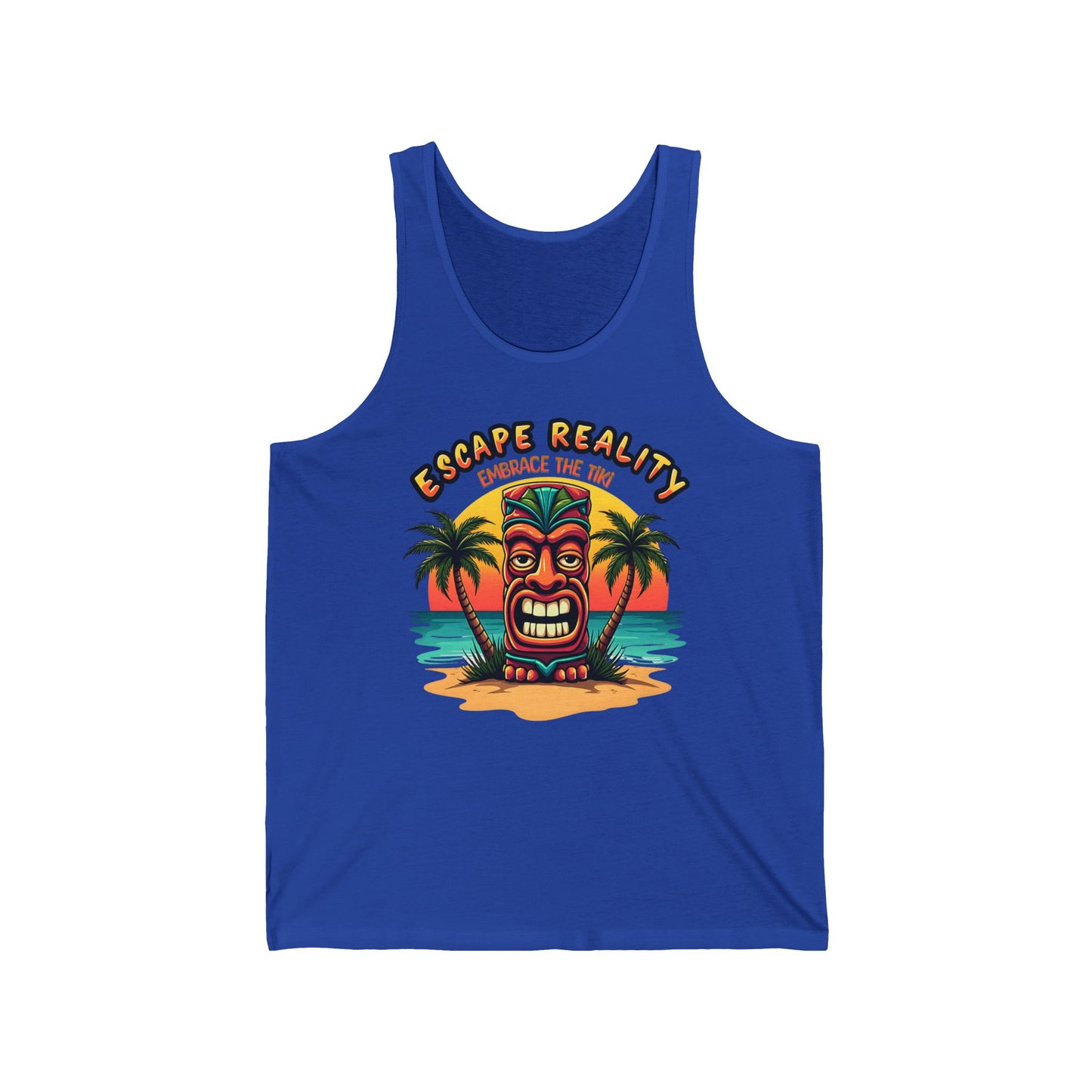 The Escape Reality Unisex Jersey Tiki Tank Top features a vibrant tiki face on an island with palm trees, waves, and sun. ESCAPE REALITY above and EMBRACE THE SUN below capture a tropical beach vibe—ideal for your summer wardrobe.