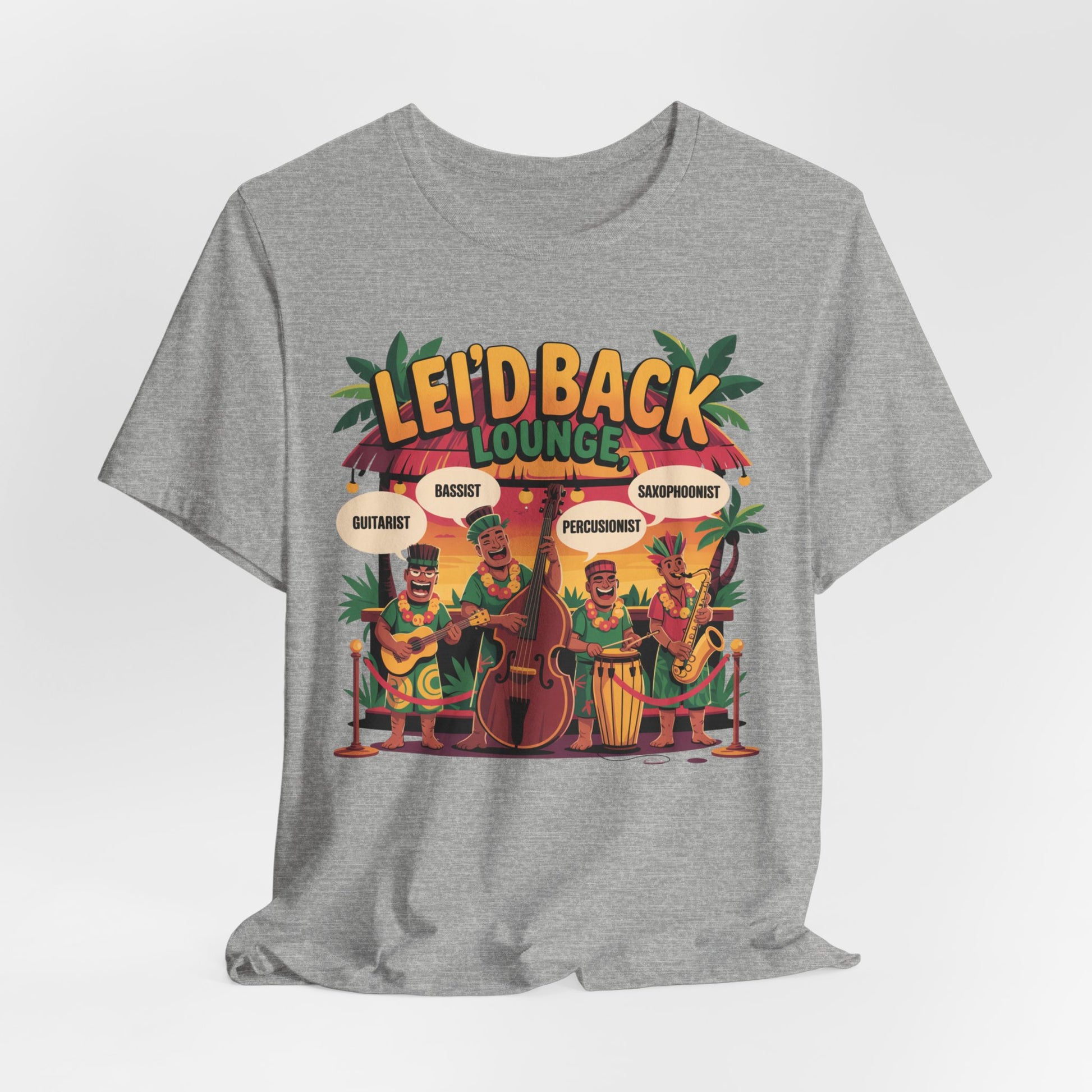 The Leid Back Lounge Unisex Tiki T-Shirt features vibrant art of four tropical musicians under palm trees, delivering a relaxed paradise vibe—perfect for music lovers seeking laid-back style.