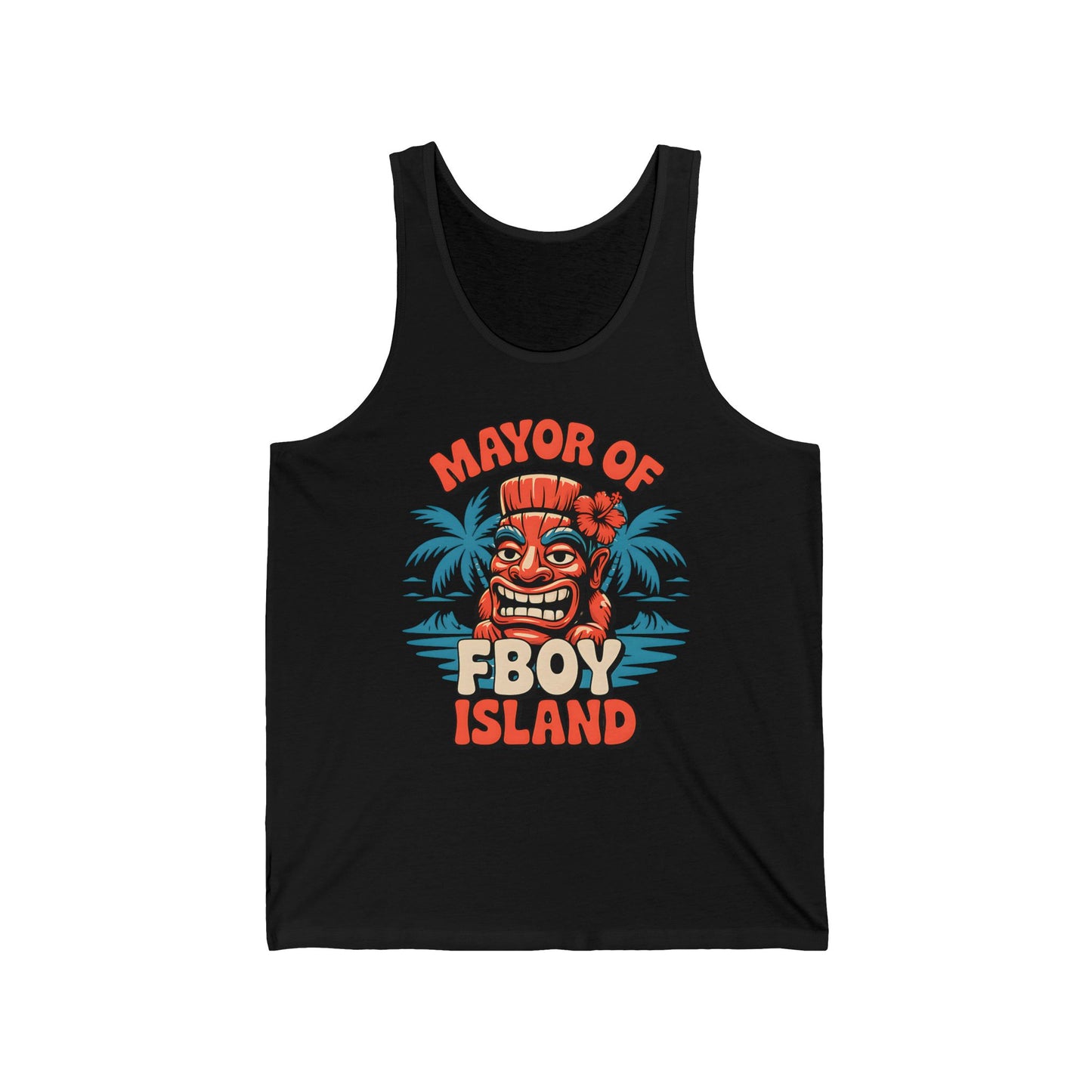 The Mayor of Fboy Island Unisex Jersey Tiki Tank Top features colorful text, a cartoon tiki face, palm trees, and a red hibiscus flower. This breathable top offers fun summer vibes—perfect for beach days and vacations.