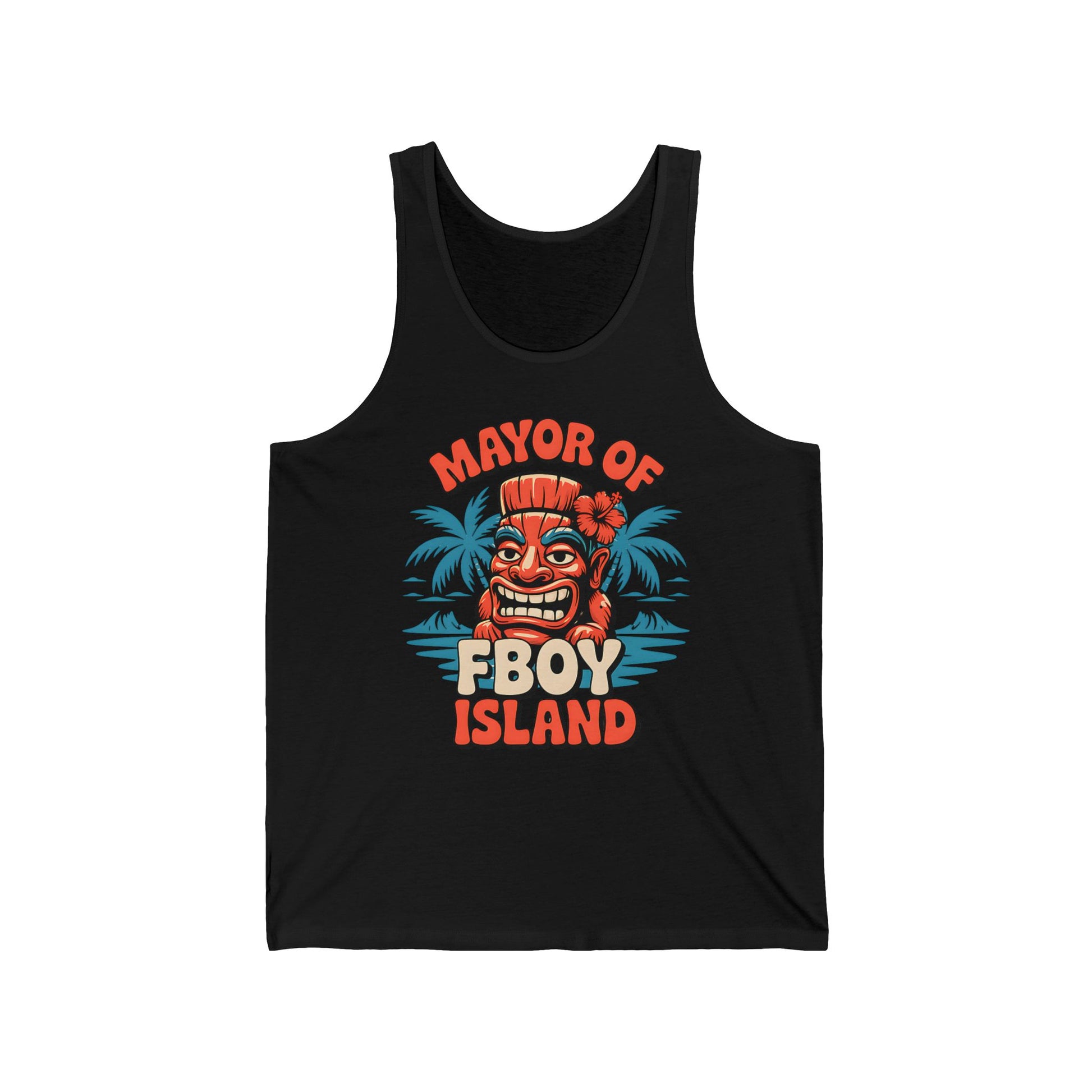 The Mayor of Fboy Island Unisex Jersey Tiki Tank Top features colorful text, a cartoon tiki face, palm trees, and a red hibiscus flower. This breathable top offers fun summer vibes—perfect for beach days and vacations.