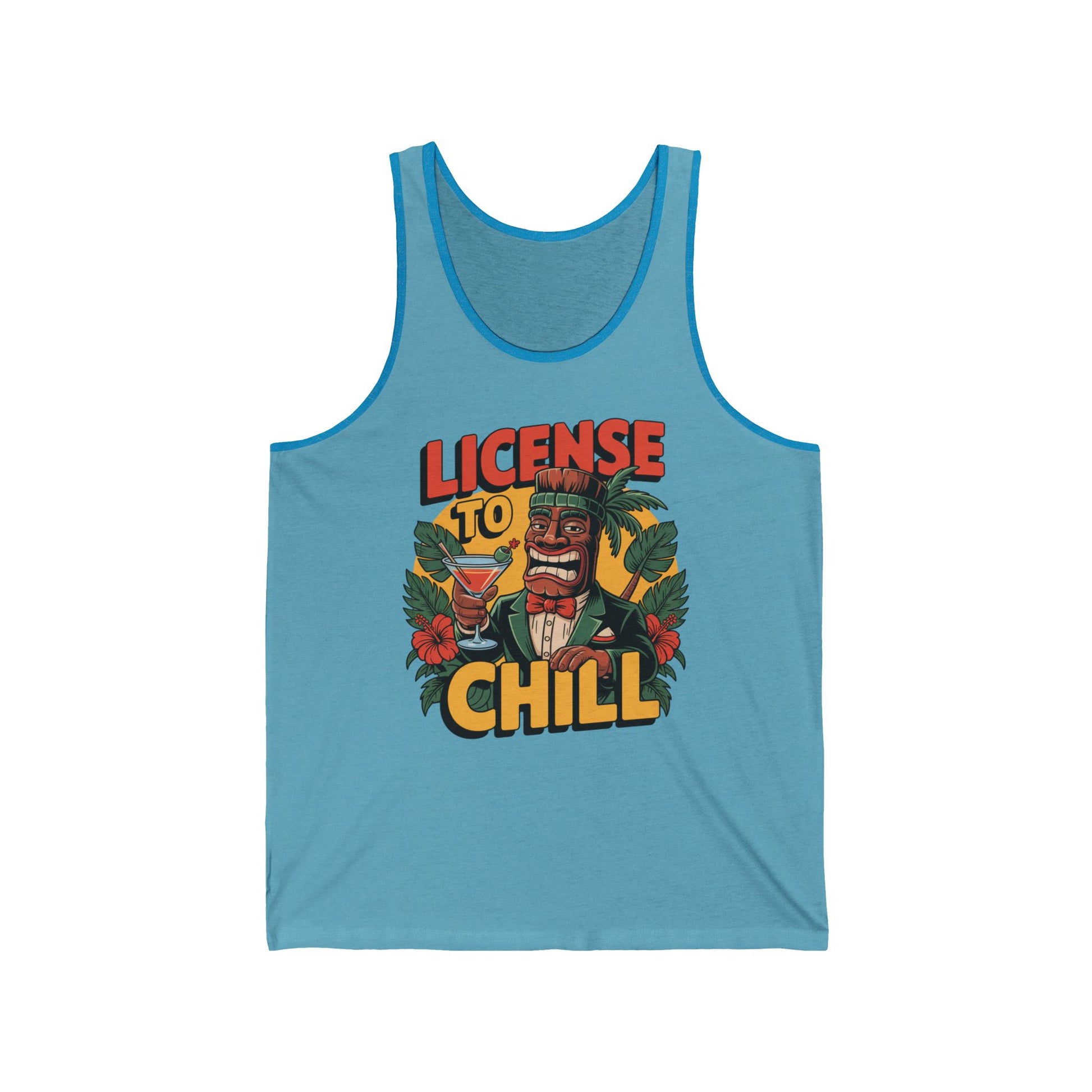 The License to Chill Unisex Jersey Tiki Tank Top features a vibrant tiki character in a suit with tropical leaves, flowers, and the License to Chill text—ideal for summer vibes and relaxation with breathable comfort.