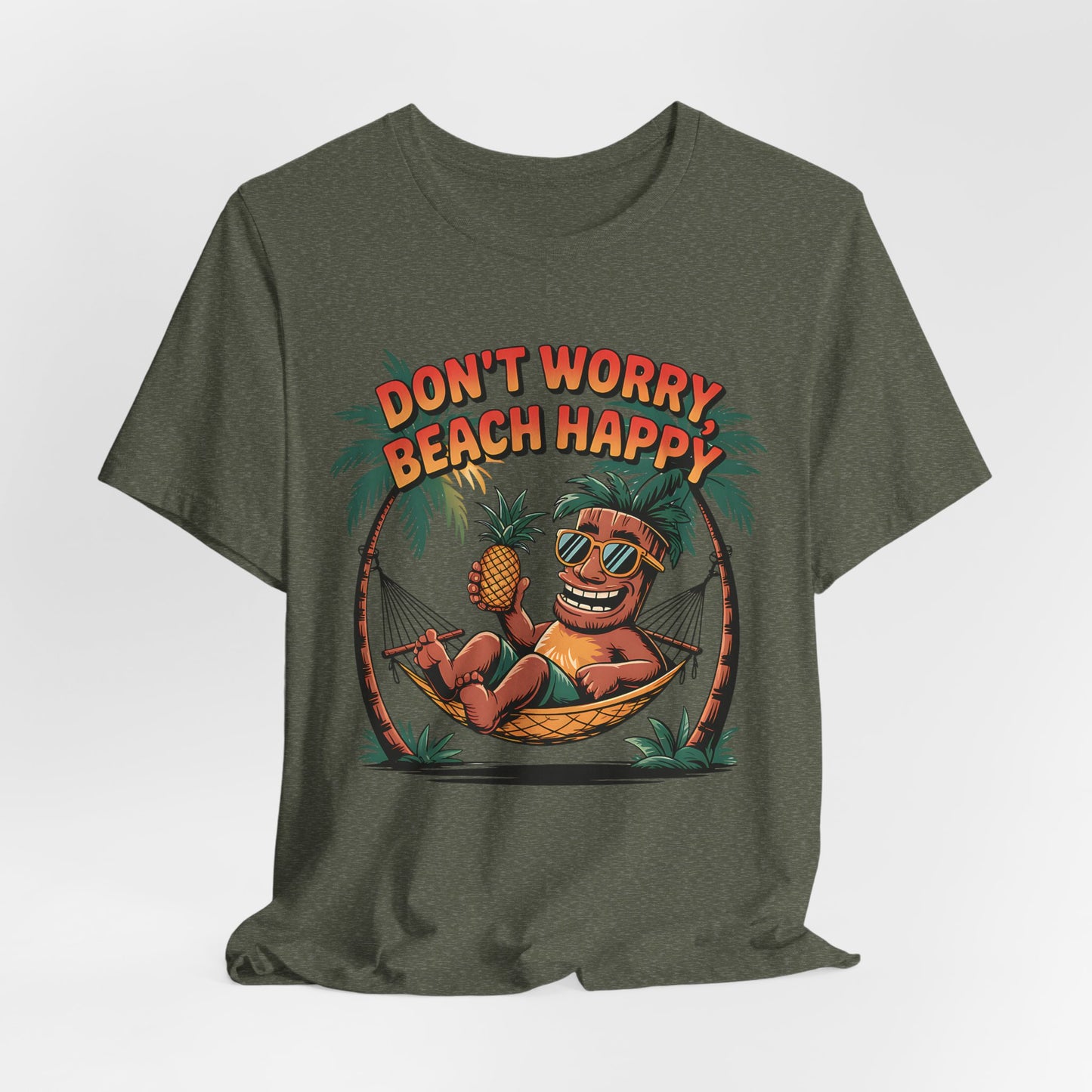 Ideal for beach lovers, the Dont Worry Beach Happy Tiki T-Shirt features a cartoon monkey in a hammock with bold DONT WORRY, BEACH HAPPY text—perfect for relaxed, summer vibes.