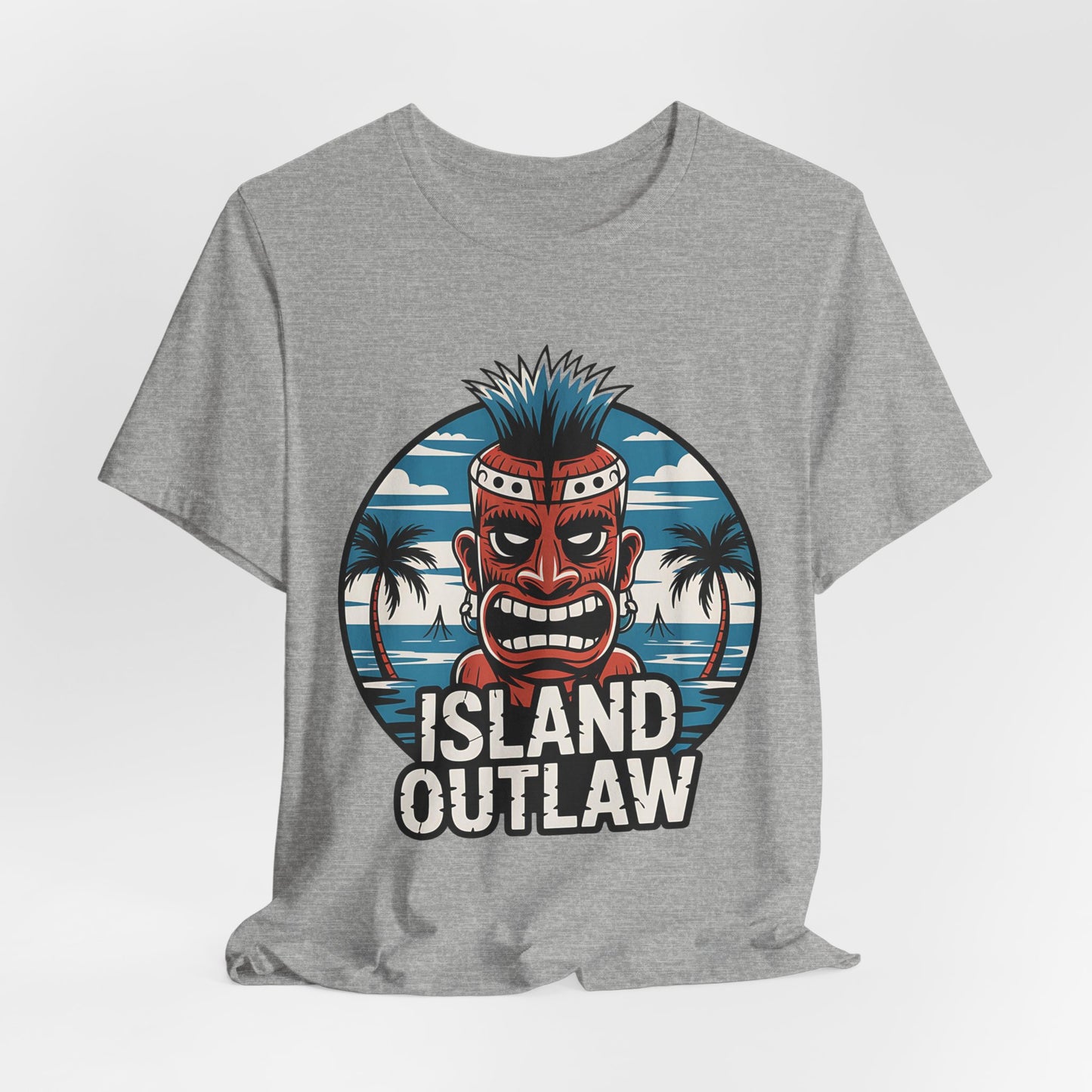 The Island Outlaw Tiki T-Shirt - Unisex Jersey Tee for Tropical Vibes features a fierce tiki mask with blue hair, tropical palm trees and ocean background, plus bold ISLAND OUTLAW text—ideal for vacations or beach outings.