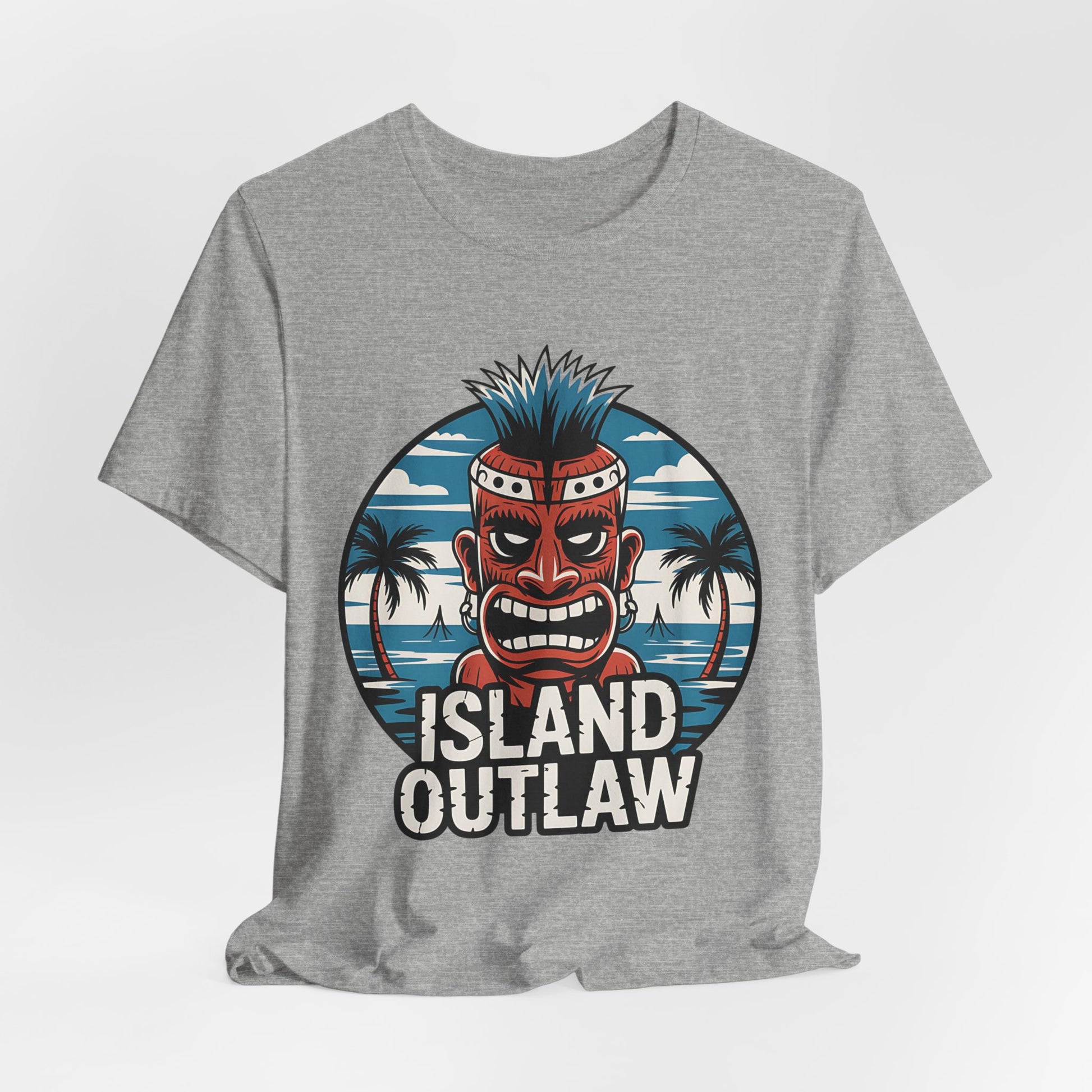 The Island Outlaw Tiki T-Shirt - Unisex Jersey Tee for Tropical Vibes features a fierce tiki mask with blue hair, tropical palm trees and ocean background, plus bold ISLAND OUTLAW text—ideal for vacations or beach outings.
