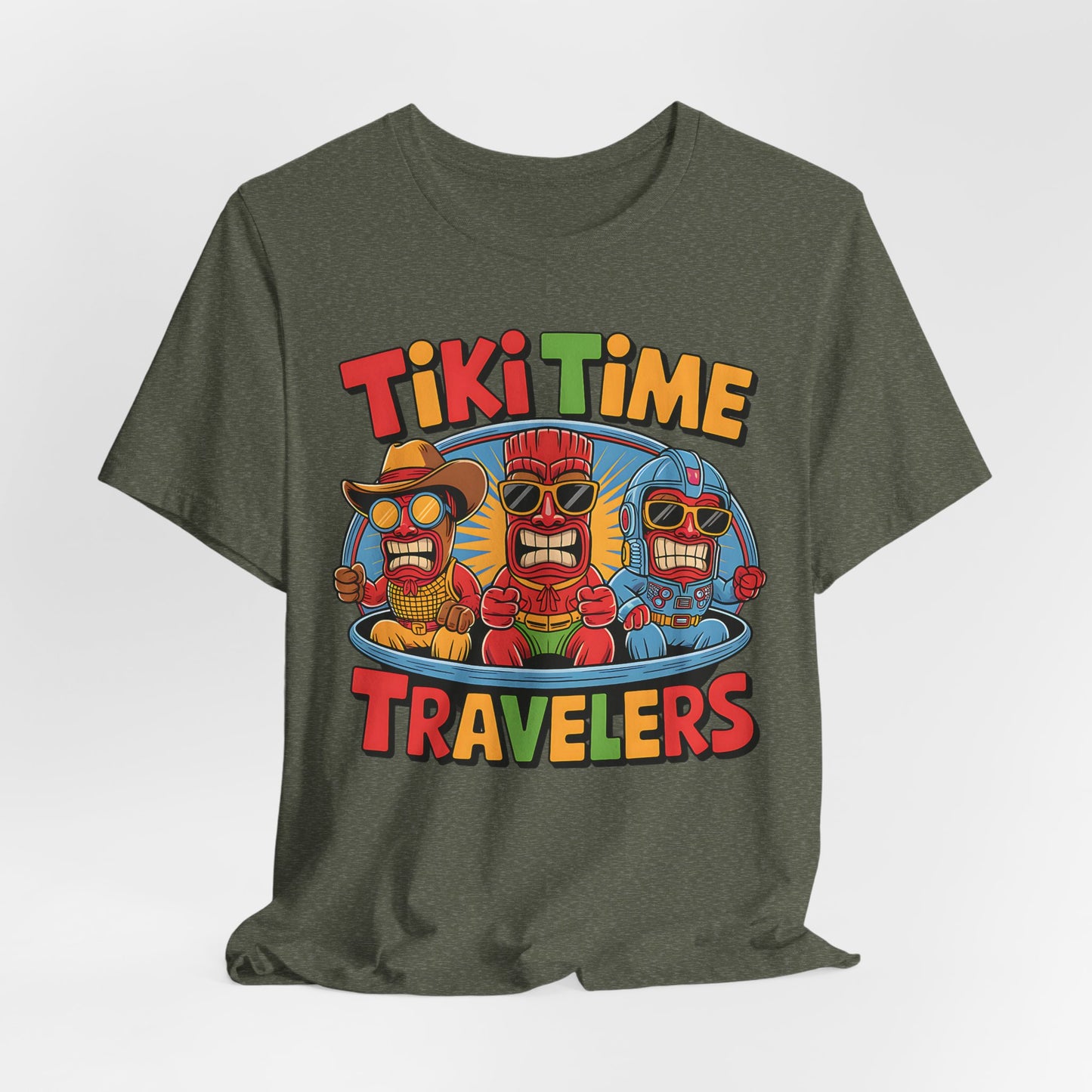 The Tiki Time Travelers Unisex Tiki T-Shirt features three cartoon tiki figures with sunglasses and hats riding a blue time machine, plus bold “Tiki Time Travelers” text. A fun, vibrant summer shirt perfect for beach parties!.