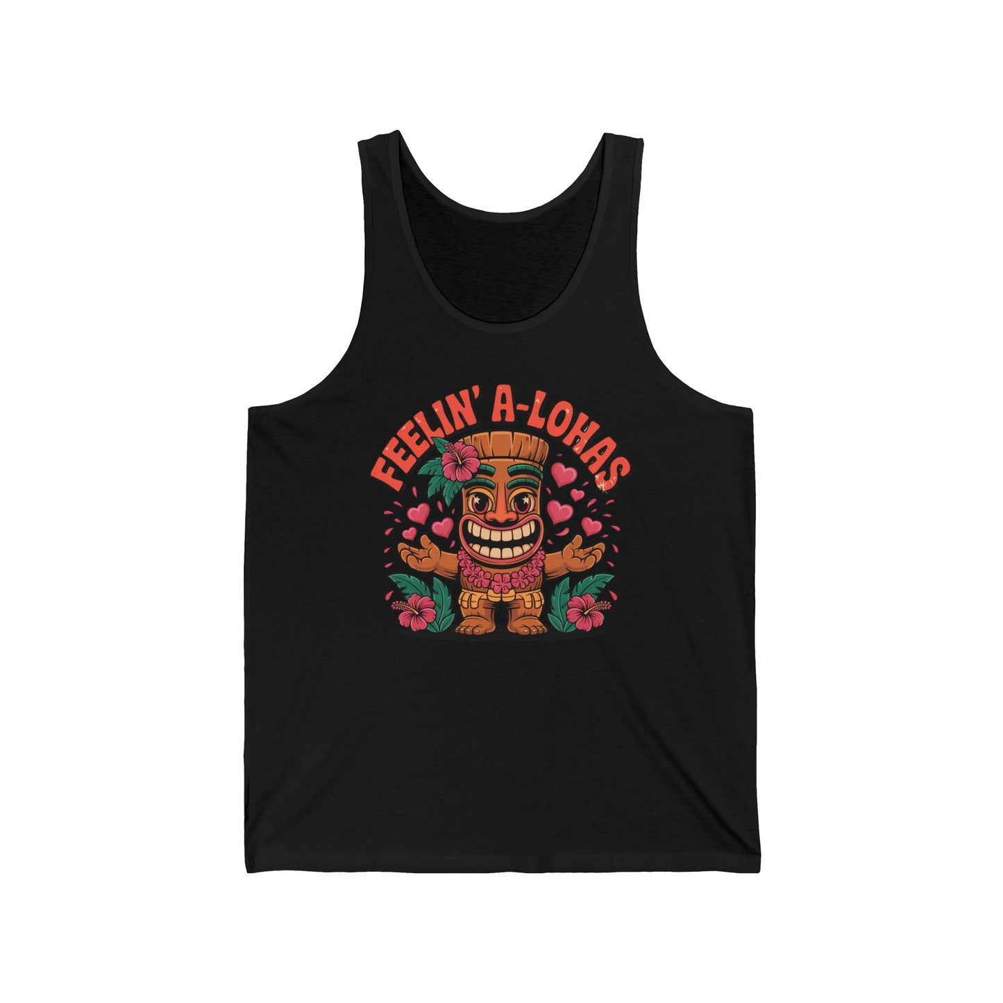 The Feelin A-Lohas Unisex Jersey Tiki Tank Top features a vibrant cartoon tiki with pink flowers, green leaves, and bold orange FEELIN A-LOHAS text—an ideal fun tropical graphic tee for laid-back summer style.
