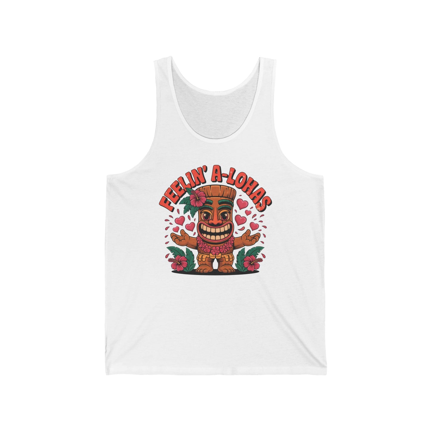 The Feelin A-Lohas Unisex Jersey Tiki Tank Top features a vibrant cartoon tiki with a beaming smile, hearts, and tropical leaves. “Feelin’ A-Lohas” pops above in bold red—perfect for easygoing vibes and summer style.