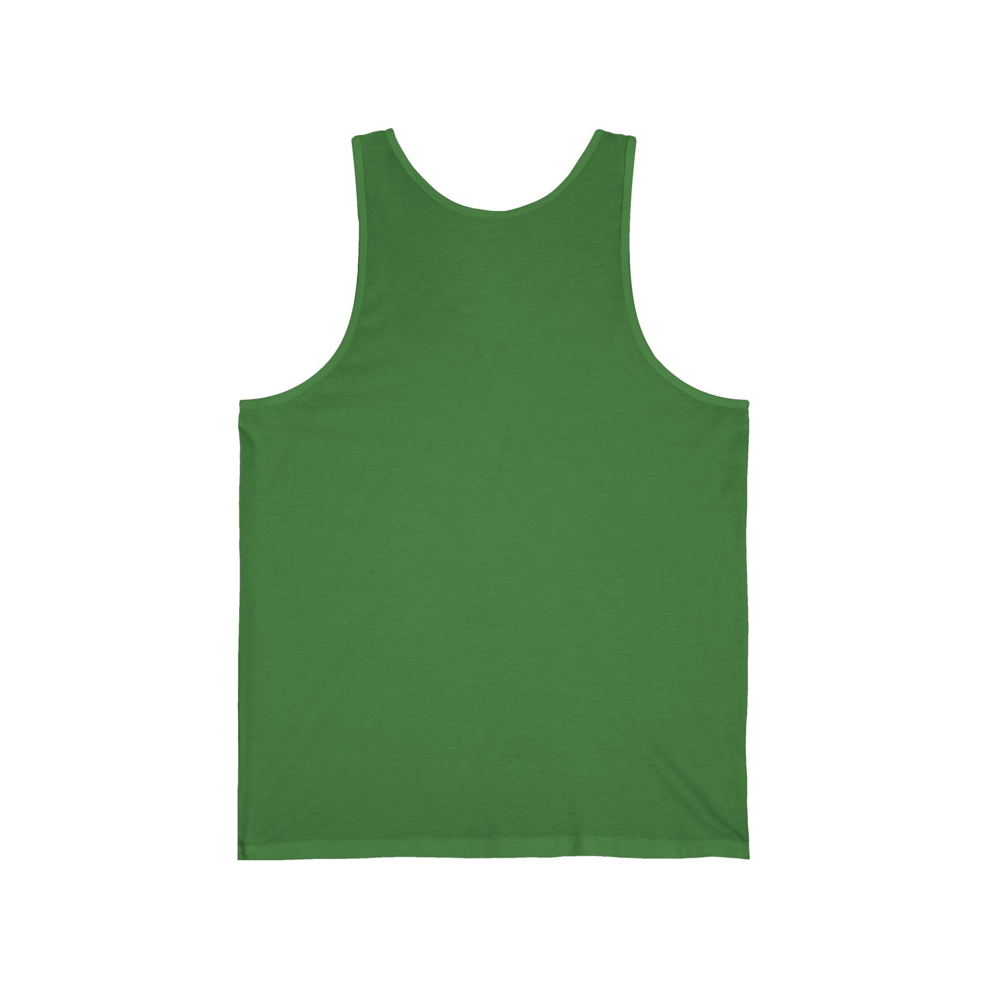 The One Love Unisex Jersey Tiki Tank Top—shown from the back, laid flat on a white background—is a summer vibe shirt perfect for festivals and casual wear.