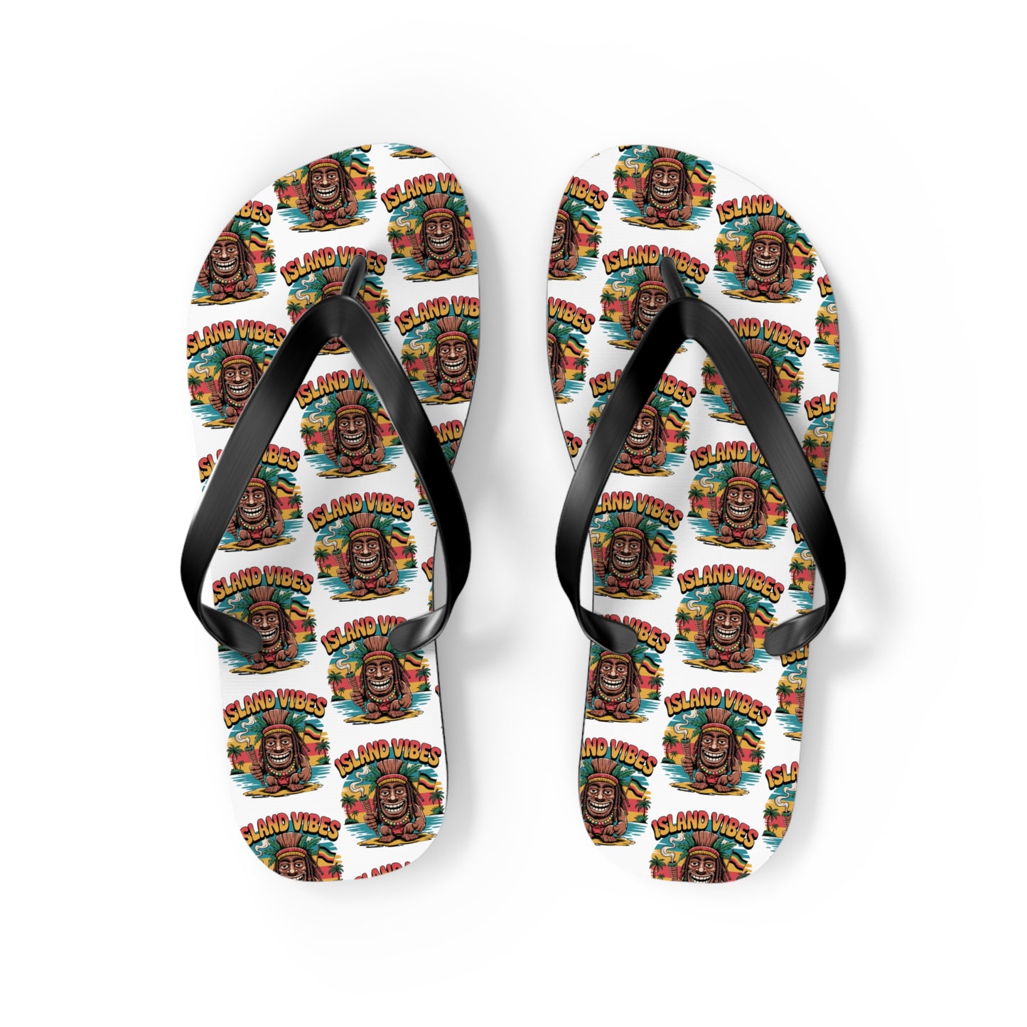 Island Vibes Tiki Flip Flops – Colorful Casual Footwear for Summer Fun feature black straps, a playful pattern of a smiling sunglass-wearing person in a hat, and the phrase ISLAND VIBES on white—ideal for vacations and beach lovers.