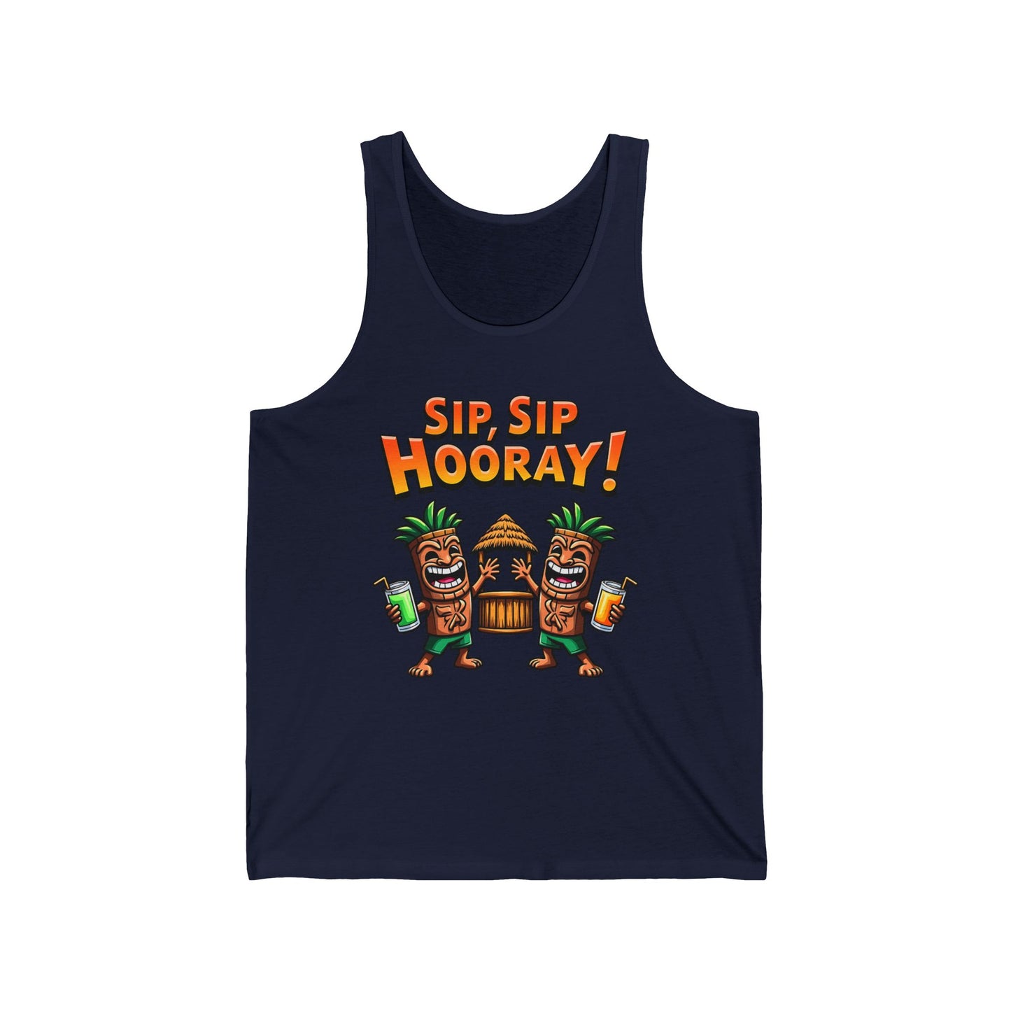 The Sip Sip Hooray! Unisex Jersey Tiki Tank Top features two cartoon tiki characters with drinks in front of a hut and bold orange “SIP, SIP HOORAY!”—perfect for summer parties and fun beach days.