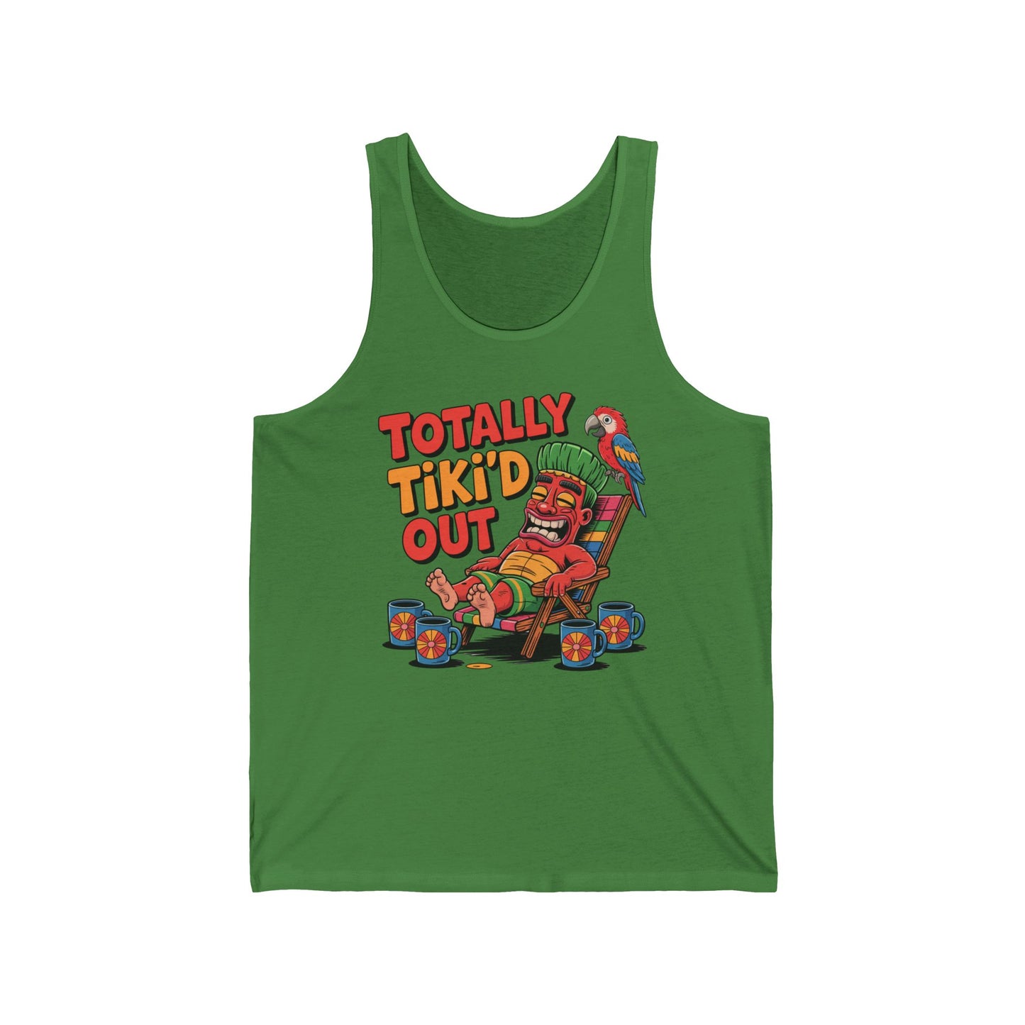 Stay cool at summer celebrations in the Totally Tiki’d Out Unisex Jersey Tiki Tank Top! Featuring a cartoon tiki with mugs, a parrot, and “TOTALLY TIKI’D OUT” in bold, colorful letters for a fun summer vibe.
