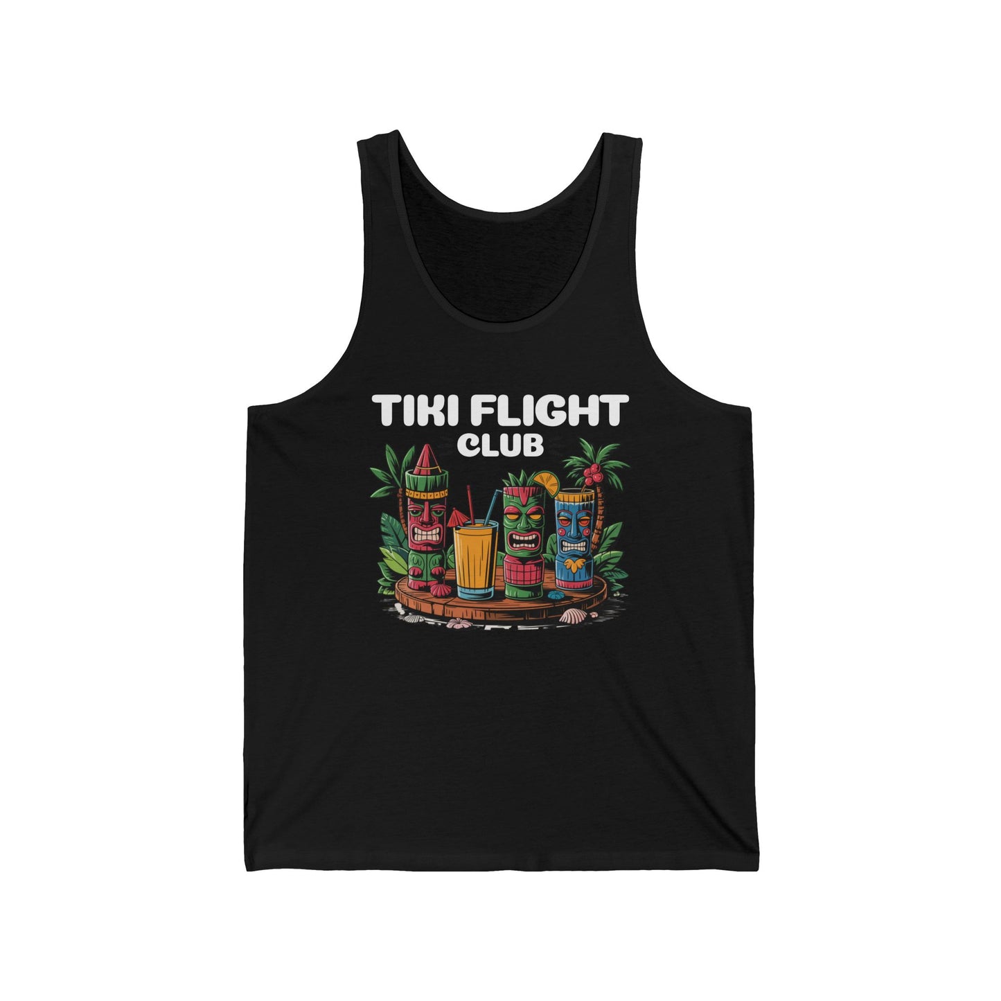 The Tiki Flight Club Unisex Jersey Tiki Tank Top features colorful tiki mugs, tropical leaves, and a palm tree on breathable fabric—perfect for summer luaus or any tropical occasion.