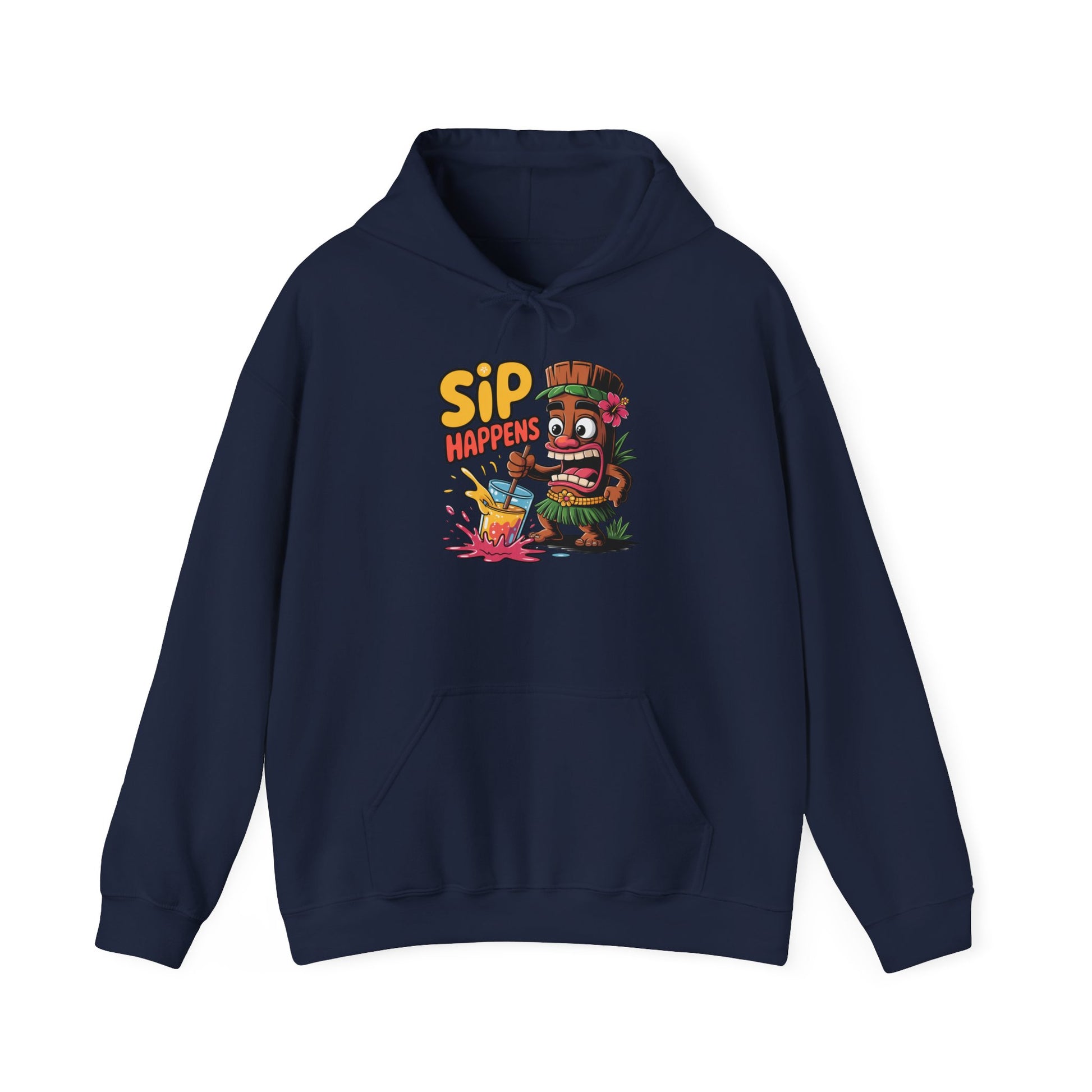 Ideal for laid-back outings, the Sip Happens Hooded Sweatshirt features a navy blue design with playful graphics: a cartoon tiki holding a tropical drink under bold yellow SIP HAPPENS lettering. Fun unisex style for relaxed vibes.