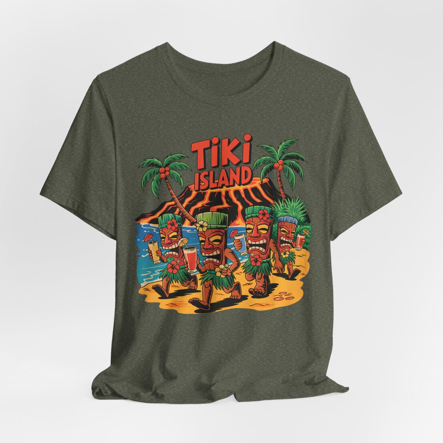 The Tiki Island Short Sleeve Tiki T-Shirt features vibrant cartoon tiki figures dancing by an island with palm trees and a volcano. Bold “Tiki Island” text up top adds summer celebration and beach vibe flair to this perfect tropical-themed tee.