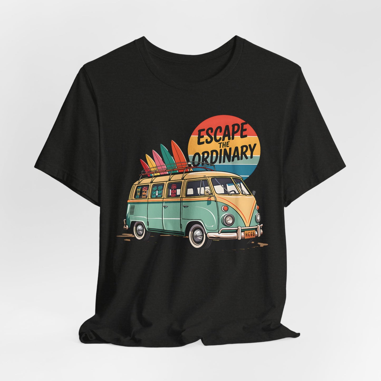 Escape the Ordinary Surf Tee – Unisex Jersey Short Sleeve T-Shirt featuring a retro van with surfboards and a sunset. The perfect adventure tee for summer festivals, with Escape the Ordinary text on front.