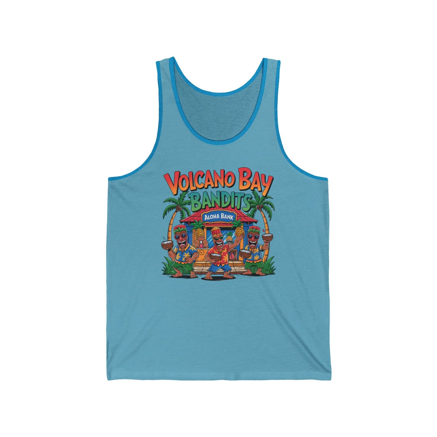 The Volcano Bay Bandits Unisex Jersey Tiki Tank Top features vibrant graphics of three Hawaiian bandits, palm trees, a beach hut, and Volcano Bay Bandits Aloha Bank—perfect for tropical adventure vibes at casual parties.