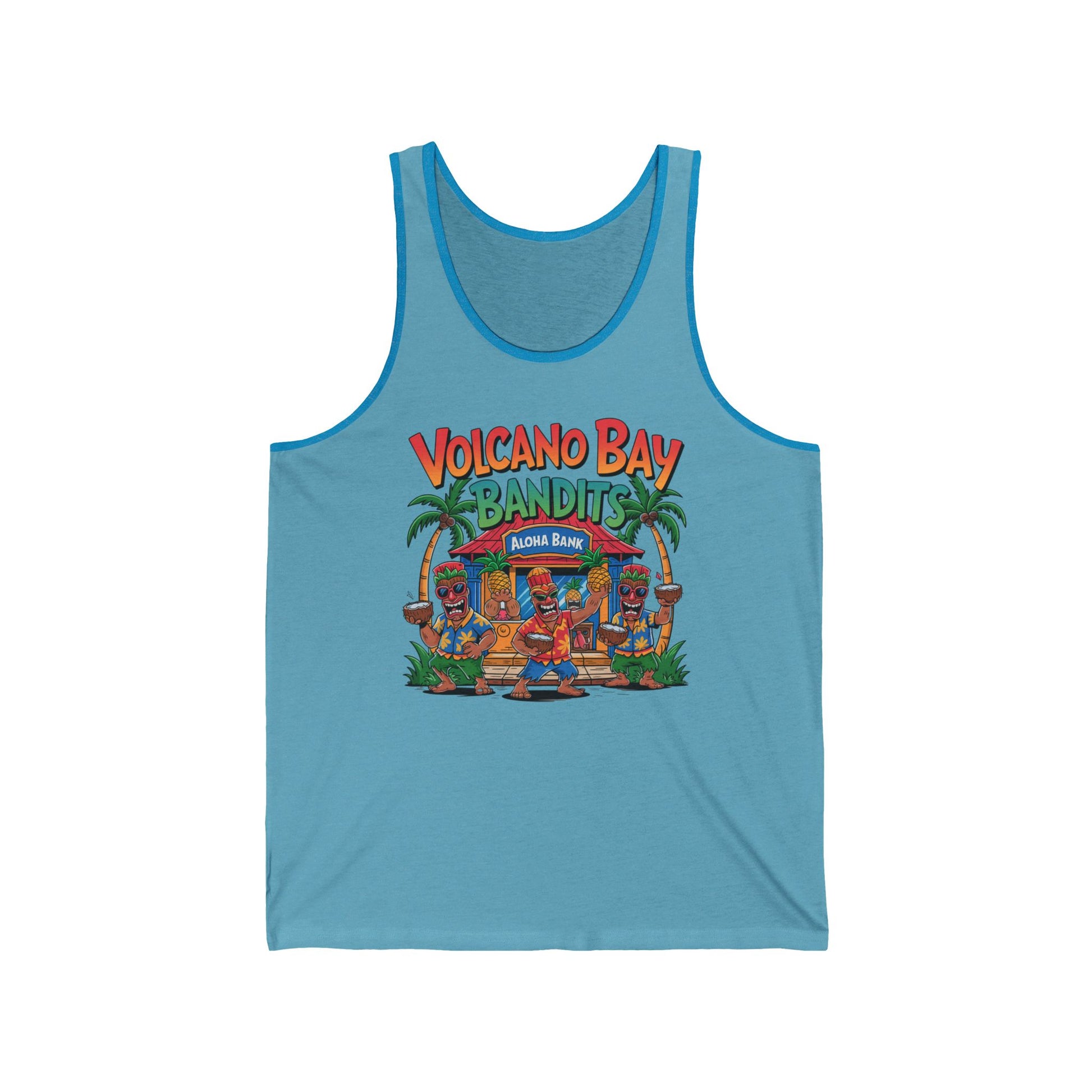 The Volcano Bay Bandits Unisex Jersey Tiki Tank Top features vibrant graphics of three Hawaiian bandits, palm trees, a beach hut, and Volcano Bay Bandits Aloha Bank—perfect for tropical adventure vibes at casual parties.