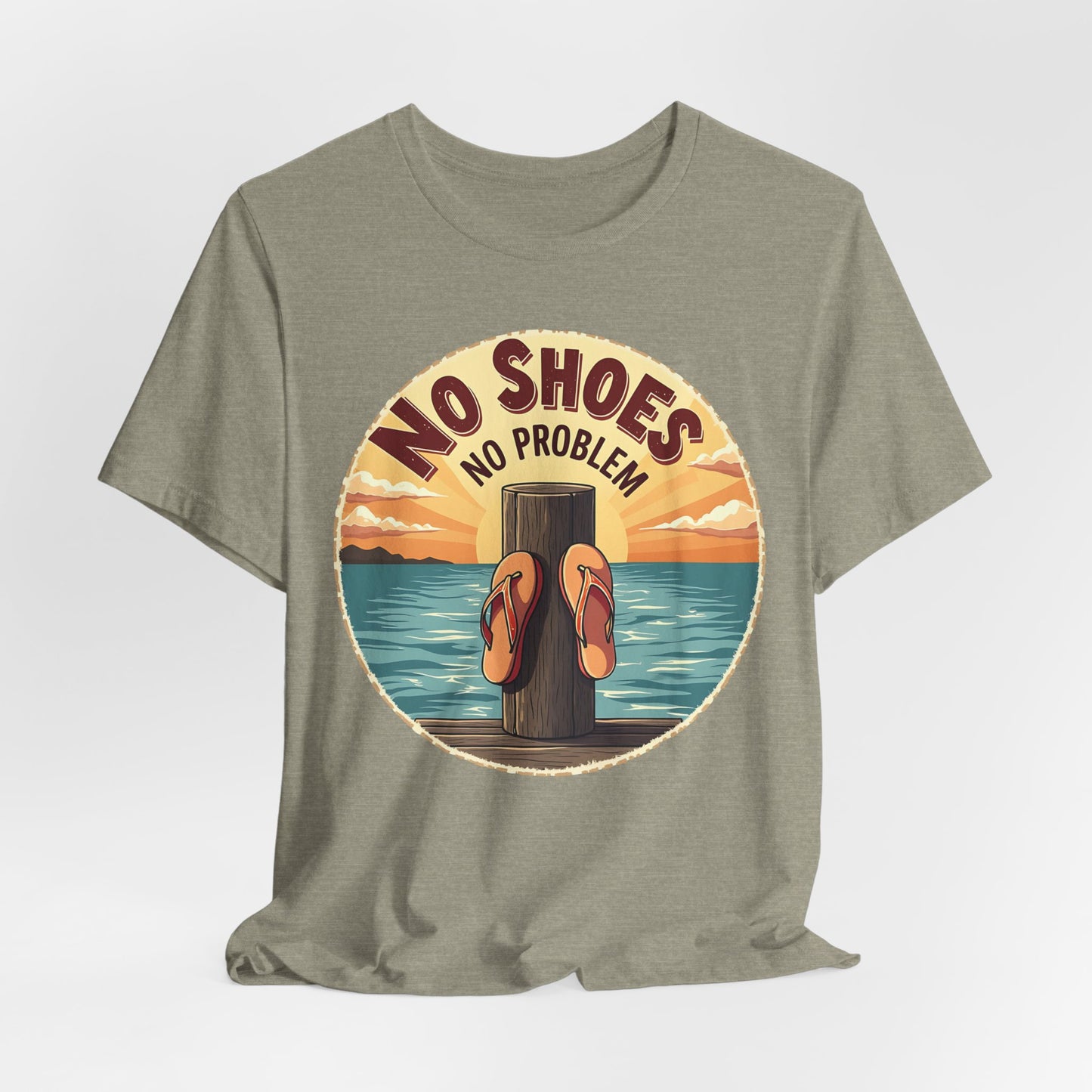 Embrace the coastal lifestyle with the Unisex No Shoes No Problem Graphic Tee, featuring flip-flops on a dock post at sunset and bold NO SHOES and NO PROBLEM text—your perfect casual beach vibe shirt.