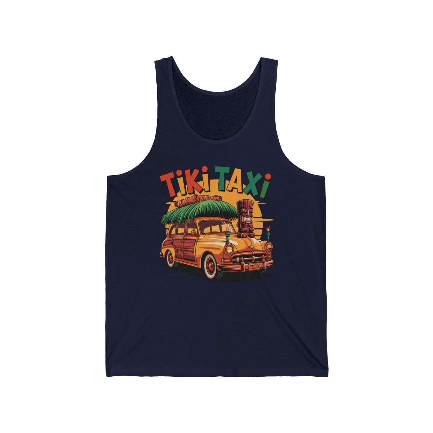 The Tiki Taxi Unisex Tiki Tank Top features a retro beach vibe graphic with a woodie car, surfboard, tiki statues, and palm leaves—perfect for comfortable summer style and casual wear.