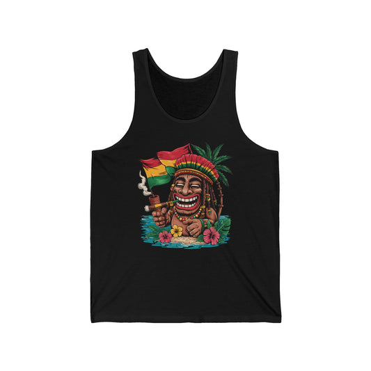 The Rasta Vibes Unisex Jersey Tiki Tank Top features a tropical island design with a cartoon tiki in dreadlocks, shades, and a cigar—ideal for showcasing summer vibes and a laid-back lifestyle.
