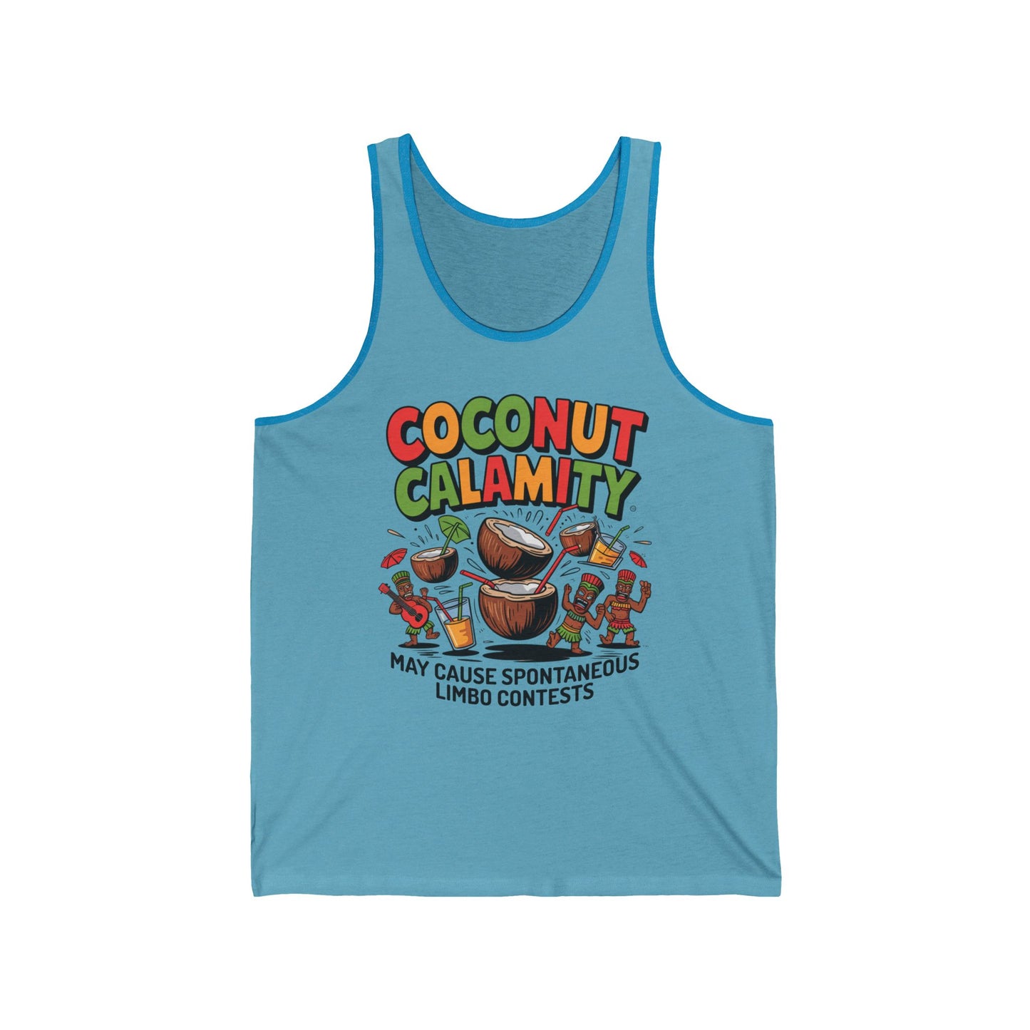 The Coconut Calamity Unisex Jersey Tiki Tank Top is a fun summer party shirt with a vibrant cartoon print of coconuts, maracas, and tropical drinks—perfect for beach trips and limbo contests.