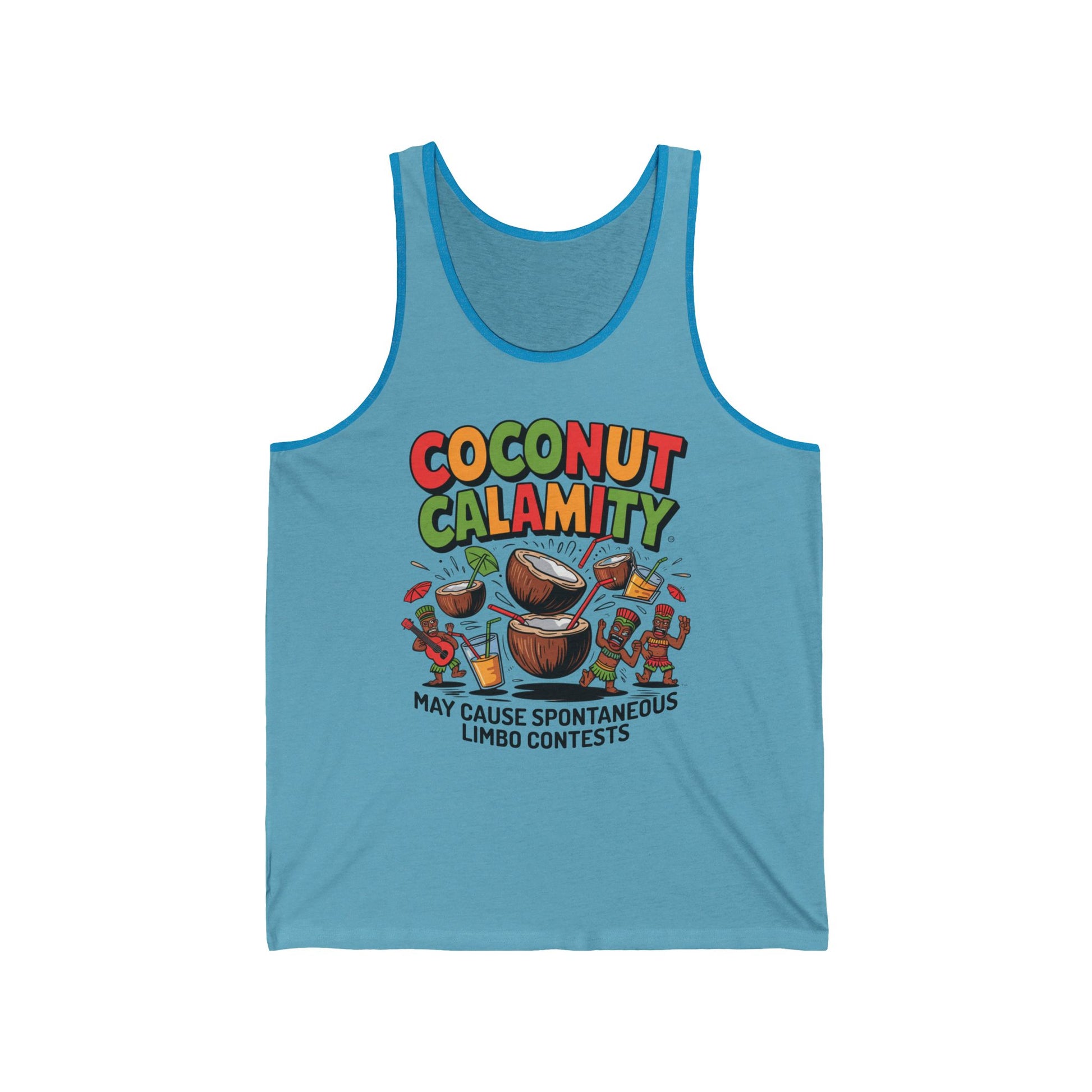 The Coconut Calamity Unisex Jersey Tiki Tank Top is a fun summer party shirt with a vibrant cartoon print of coconuts, maracas, and tropical drinks—perfect for beach trips and limbo contests.