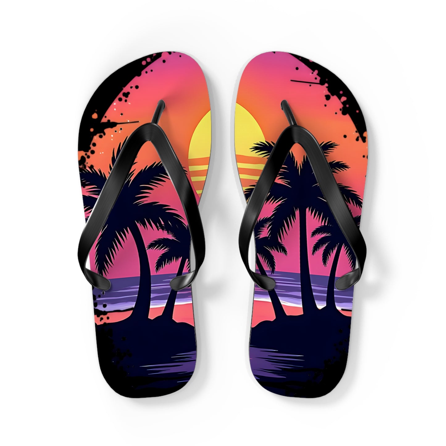Tropical Sunset Flip Flops - Beach Vibes Sandals for Summer Fun feature a vibrant sunset beach scene with palm trees and colorful soles in pink, orange, and purple, finished with classic black straps—perfect for summer beach trips.