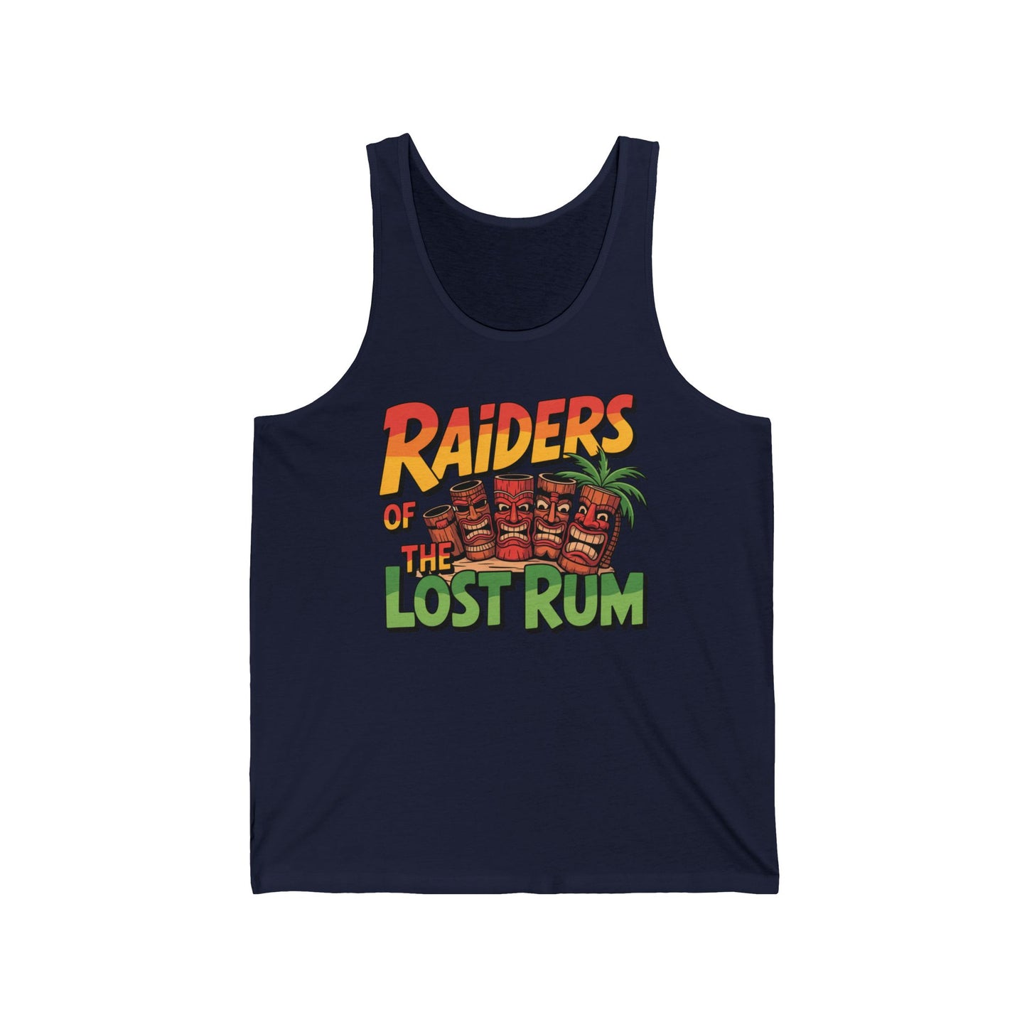 The Raiders of the Lost Rum Unisex Tiki Tank Top features colorful Raiders of the Lost Rum text, four tiki mugs, and a palm tree—perfect for parties or beach days with its retro, tropical summer vibe.