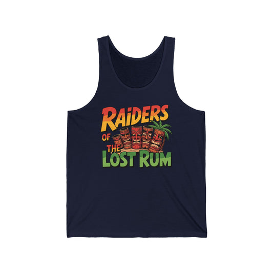 The Raiders of the Lost Rum Unisex Tiki Tank Top features colorful Raiders of the Lost Rum text, four tiki mugs, and a palm tree—perfect for parties or beach days with its retro, tropical summer vibe.