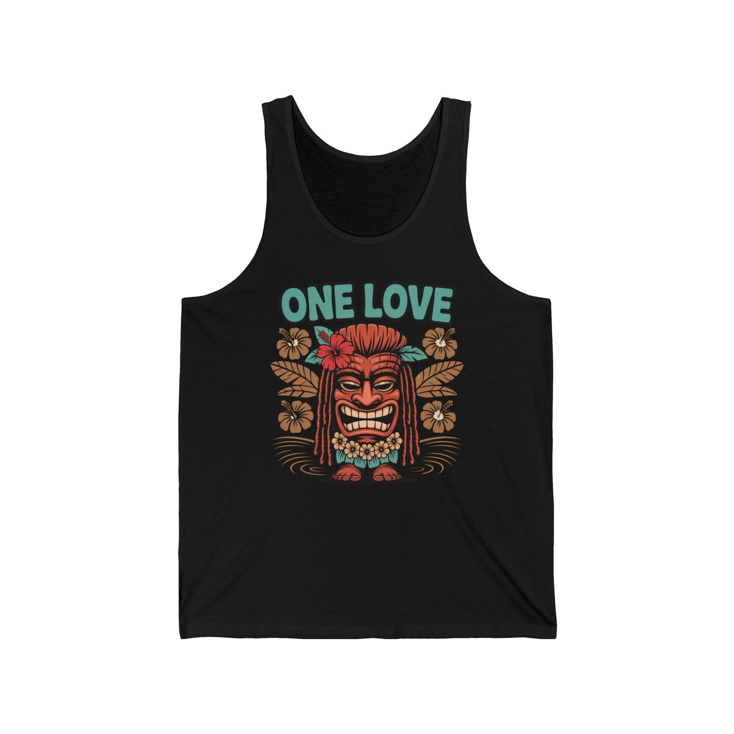 The One Love Unisex Jersey Tiki Tank Top features a vibrant tiki face with red flower crown, hibiscus flowers, and bold teal ONE LOVE lettering—perfect for summer festivals and casual wear.
