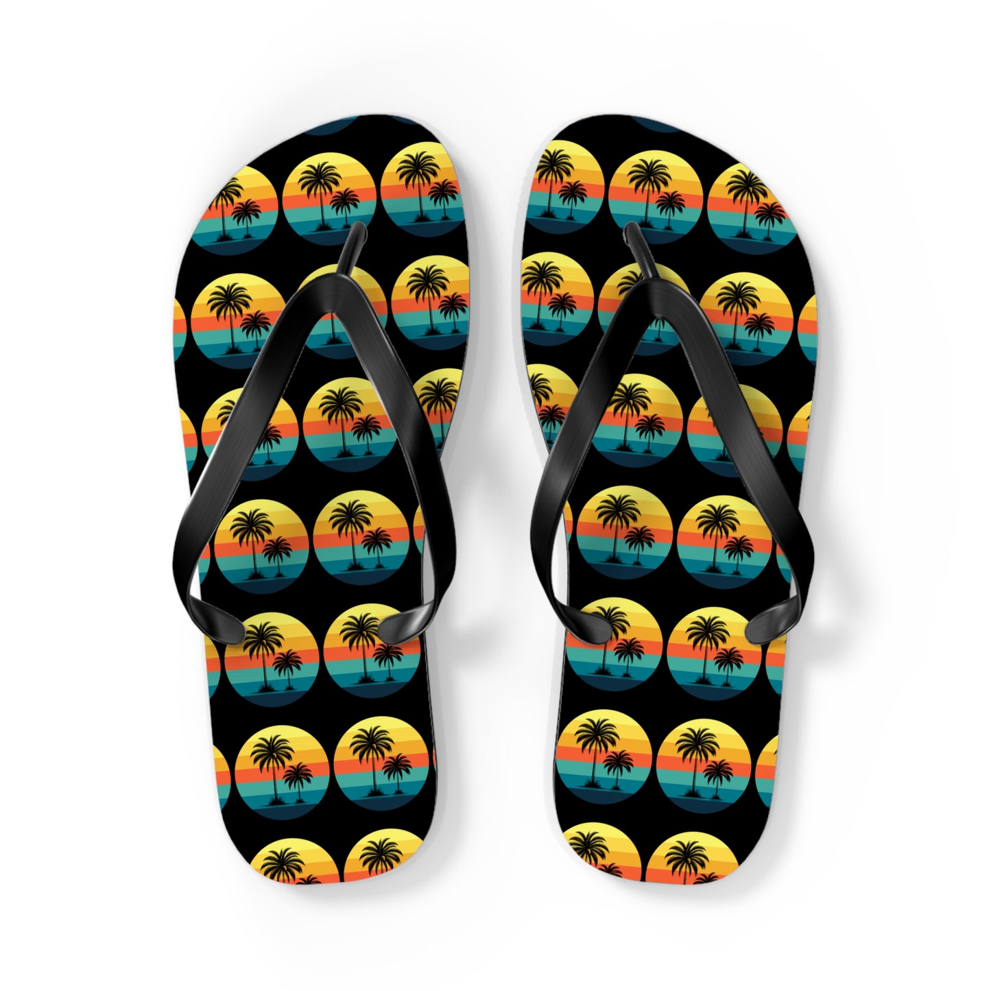 Add a tropical touch to your summer with Tropical Sunset Flip Flops—featuring yellow, orange, and blue sunset circles and black palm tree silhouettes on a black background. Perfect for beach lovers seeking summer vibes!.