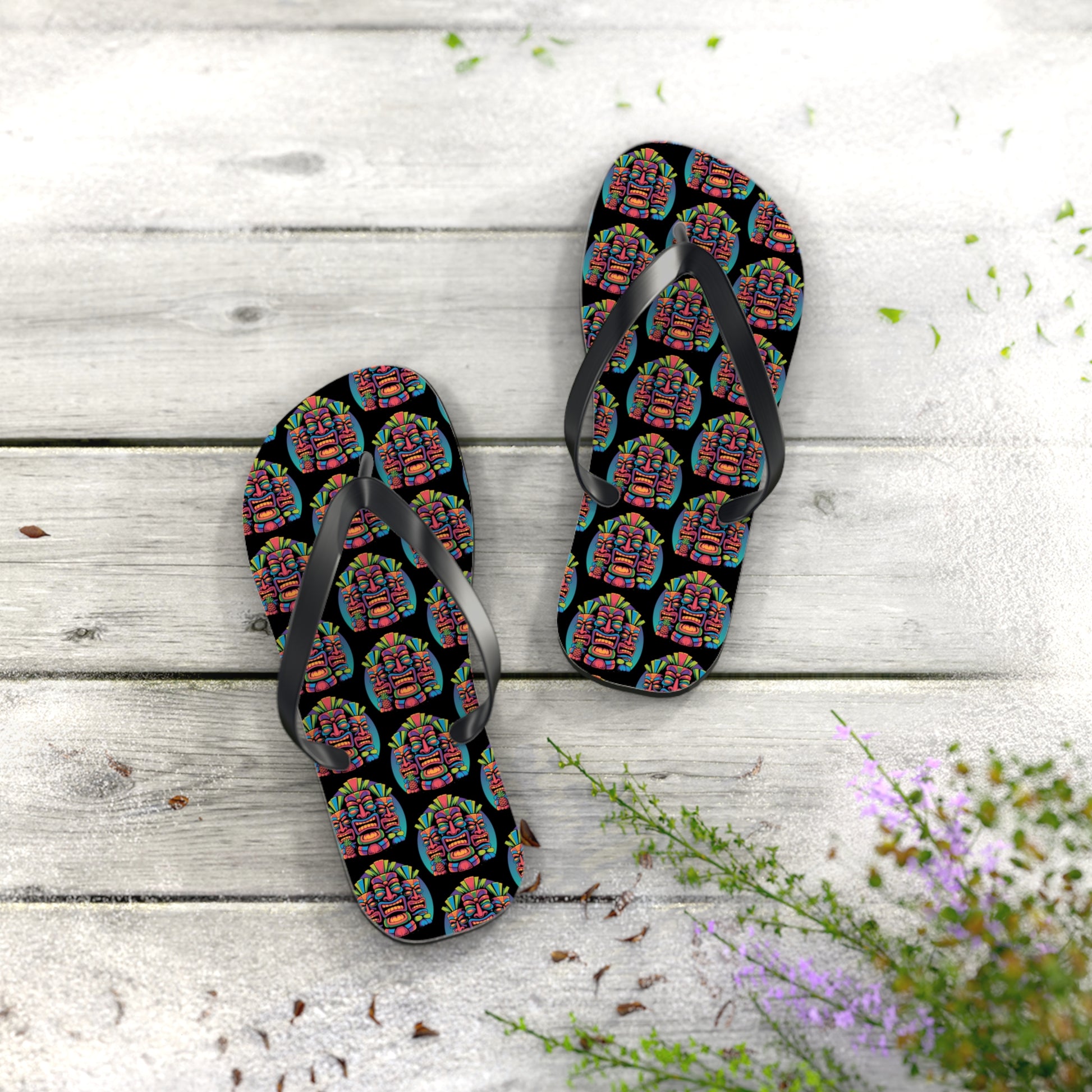 The Tropical Pineapple Flip Flops, featuring colorful face designs on black, are perfect for beachwear and shown on a weathered white wooden surface with greenery and small flowers in the corner.