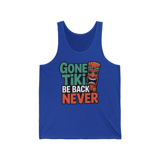 The Gone Tiki Unisex Jersey Tank features the phrase Gone Tiki Be Back Never in green, white, and orange with an orange tiki mask—ideal for beach or pool lovers wanting a tropical summer vacation vibe.