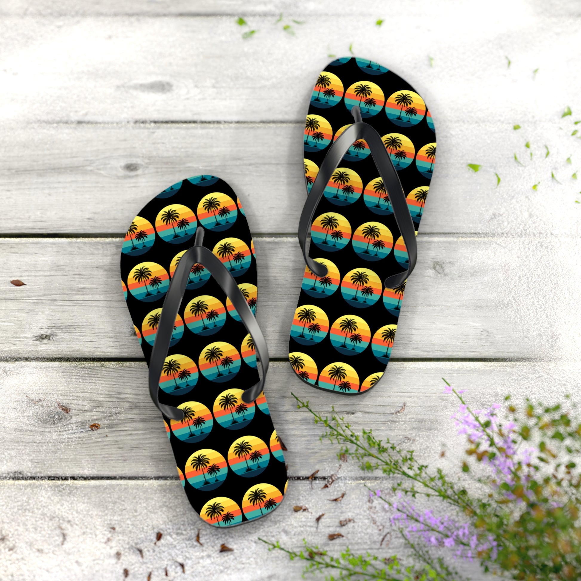 The Tropical Sunset Flip Flops - Summer Vibes with Palm Trees feature a vibrant palm tree sunset design, perfect for beach lovers wanting to brighten their summer style with playful accents of green leaves and purple flowers.