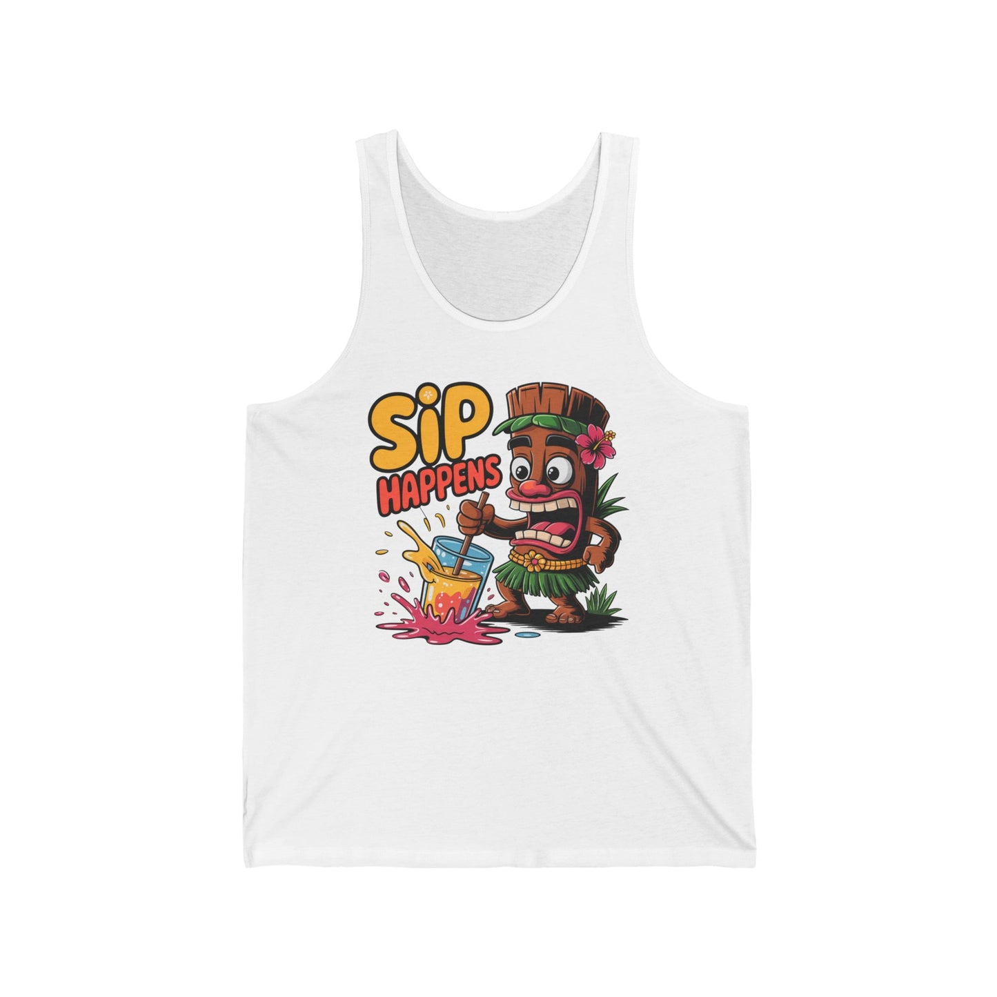 Sip Happens Unisex Jersey Tiki Tank Top features a playful cartoon tiki in a skirt with a spilled drink under the bold words Sip Happens. Light fabric makes this fun summer tank perfect for beach parties or your warm-weather wardrobe.