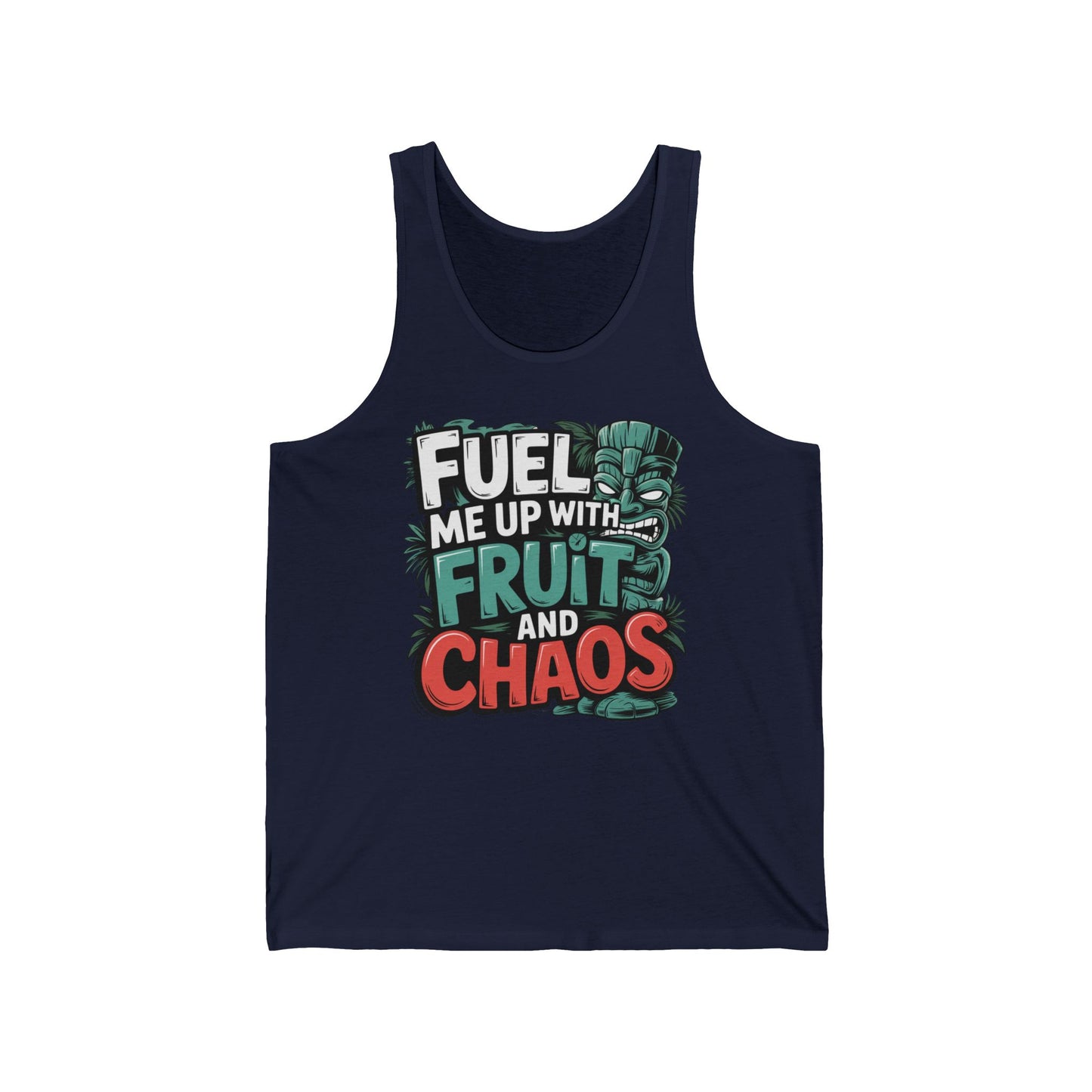 Channel playful energy with the Fuel Me Up with Fruit and Chaos- Tiki Tank Top—a navy unisex tank featuring a fruity print, bold slogan, and a vibrant green tiki mask side detail.