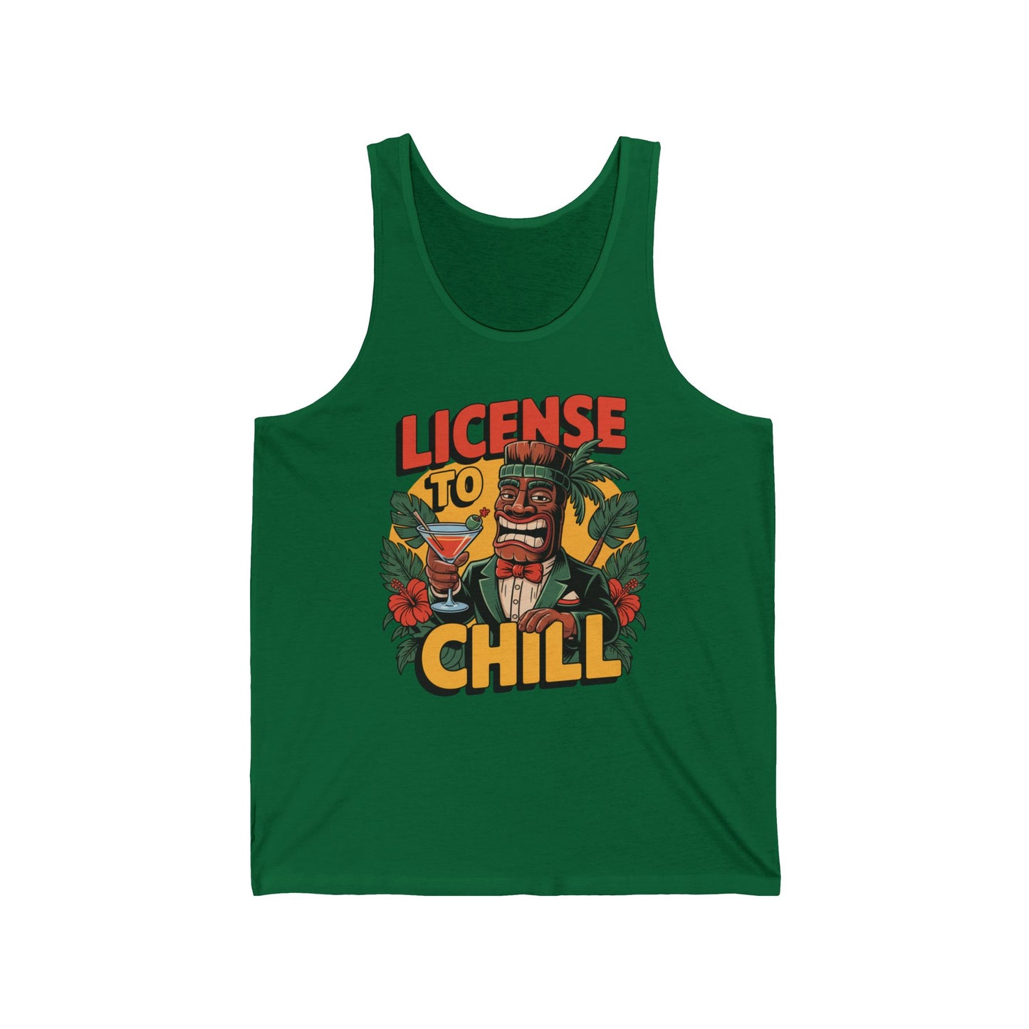 The License to Chill Unisex Jersey Tiki Tank Top features breathable fabric and a lively tiki graphic with “LICENSE TO CHILL” in bold yellow and orange, surrounded by tropical leaves—ideal for summer vibes and relaxation.