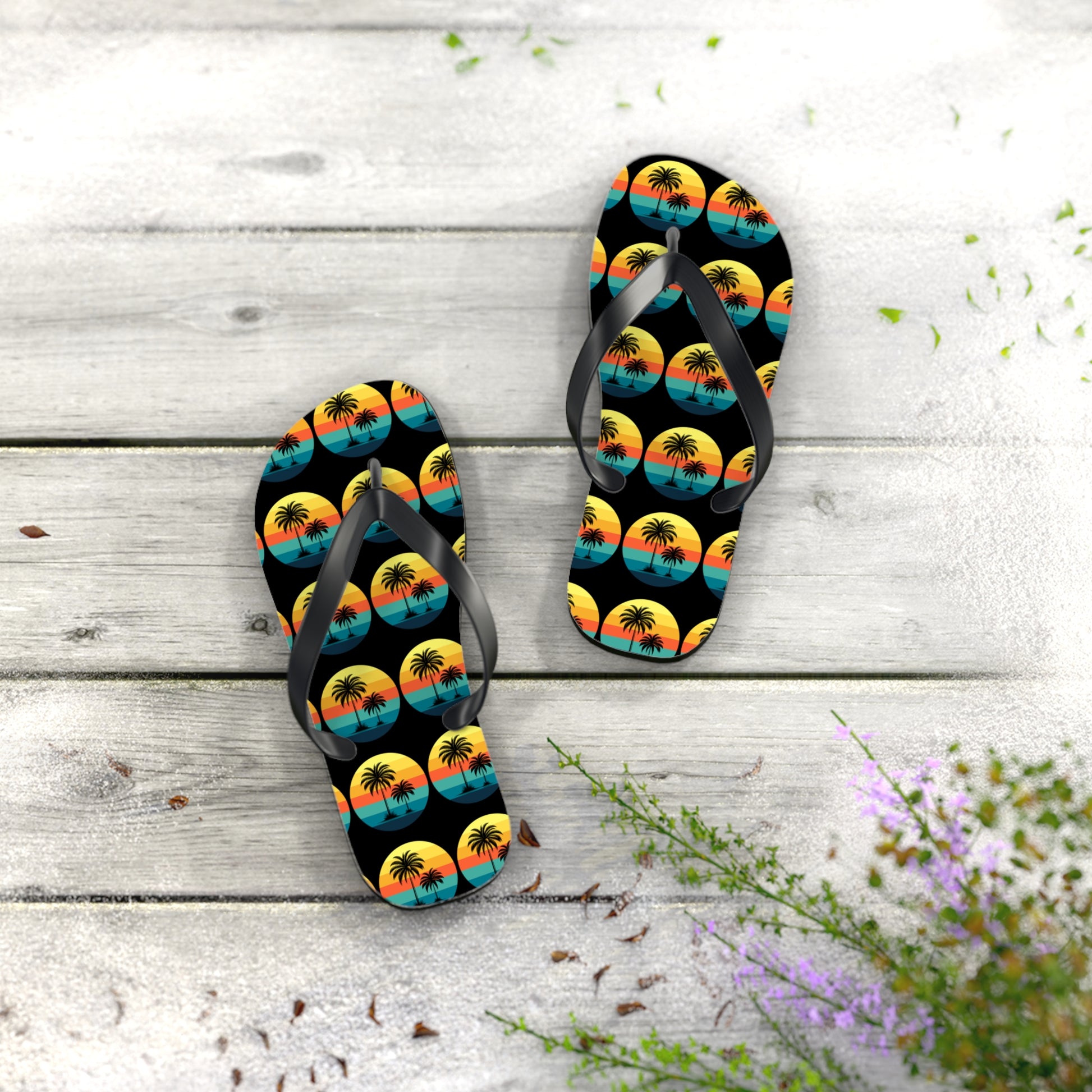 Tropical Sunset Flip Flops - Summer Vibes with Palm Trees rest on a light wooden surface, surrounded by leaves and purple flowers—a vibrant must-have for any summer wardrobe or beach lover.