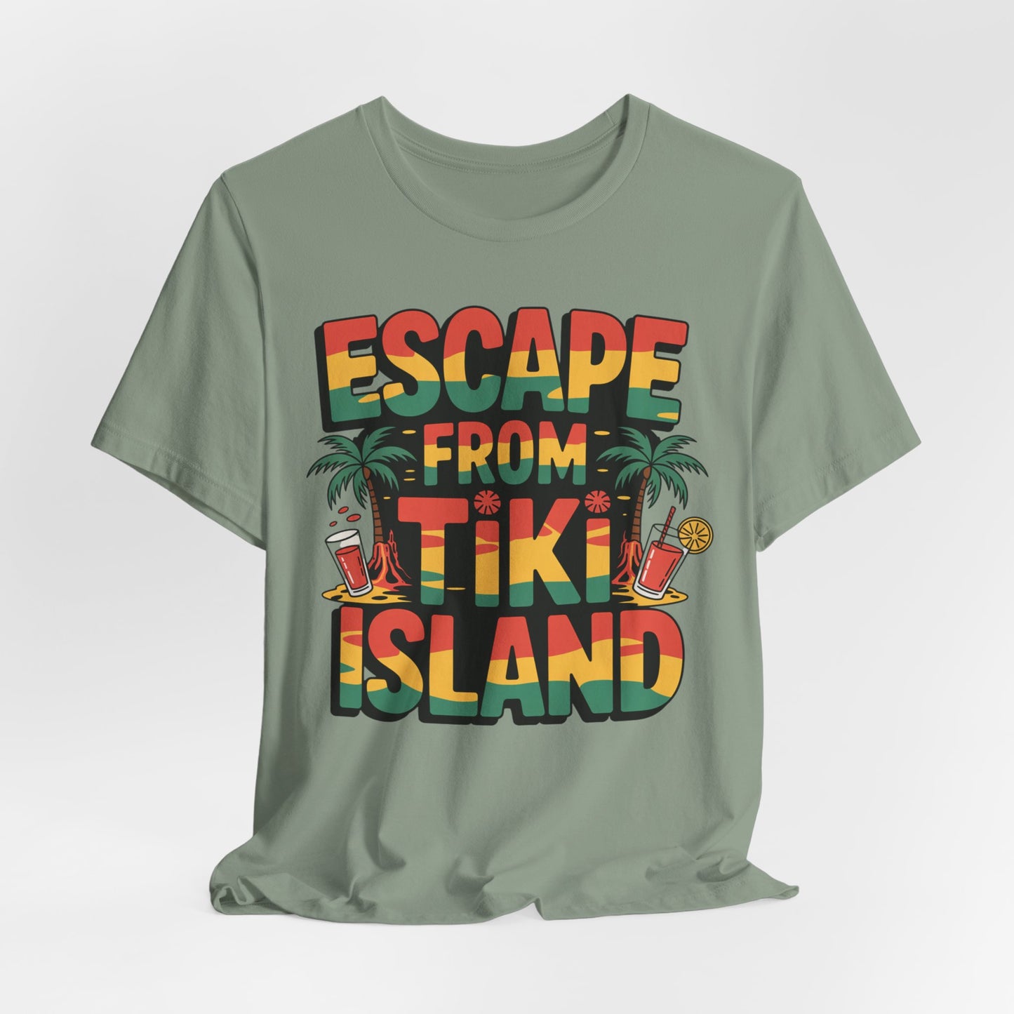 The Escape from Tiki Island Tiki T-Shirt features bold, colorful text with palm trees, tropical drinks, and flowers—perfect for summer adventures and anyone who loves island getaways and tropical vibes.