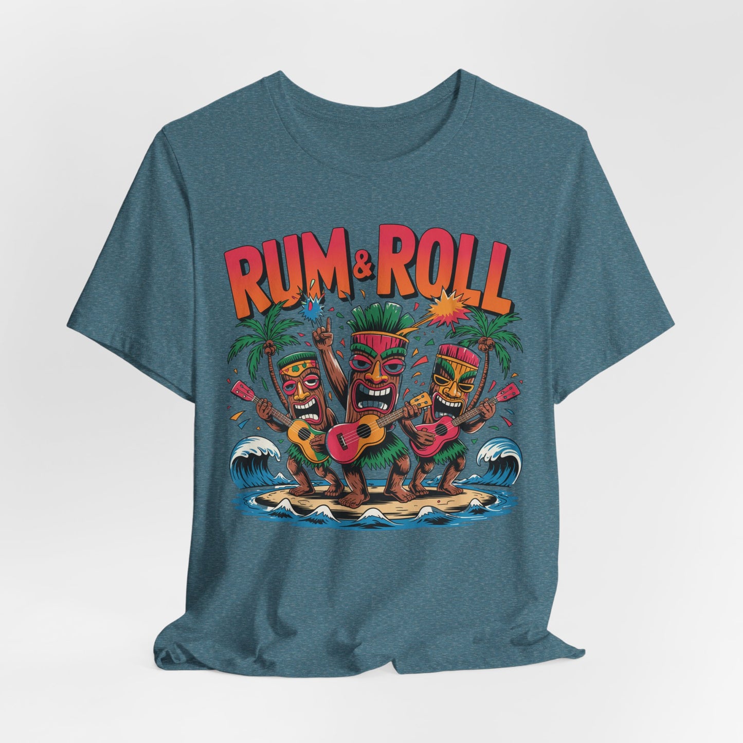 The Rum & Roll Tropical Vibe Unisex Tiki T-Shirt is blue with three colorful tiki figures playing guitars on an island, palm trees, ocean waves, and the bold Rum & Roll design above them for a vibrant tropical look.