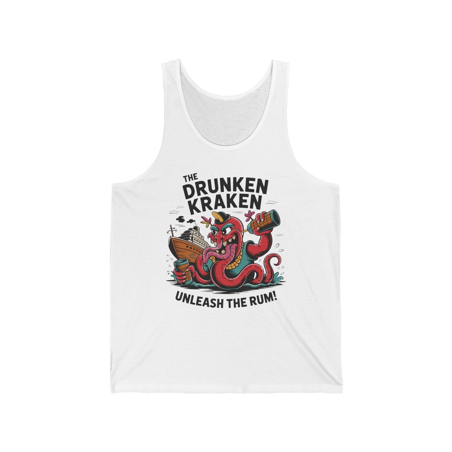 Show off your ocean lifestyle at summer festivals with the Drunken Kraken Unisex Jersey Tank—featuring a cartoon red kraken with rum and ship, plus The Drunken Kraken above and Unleash the Rum! below.