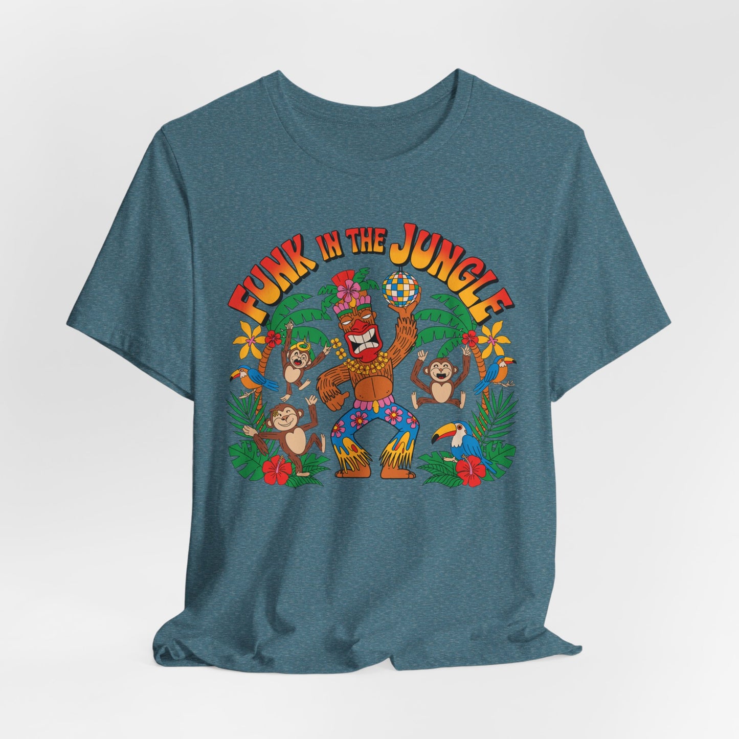 The Funky Jungle Tiki T-Shirt—a unisex short sleeve with vibrant monkey design—features playful monkeys, a dancing gorilla, birds, tropical plants, and “Funk in the Jungle” boldly printed above in striking orange.