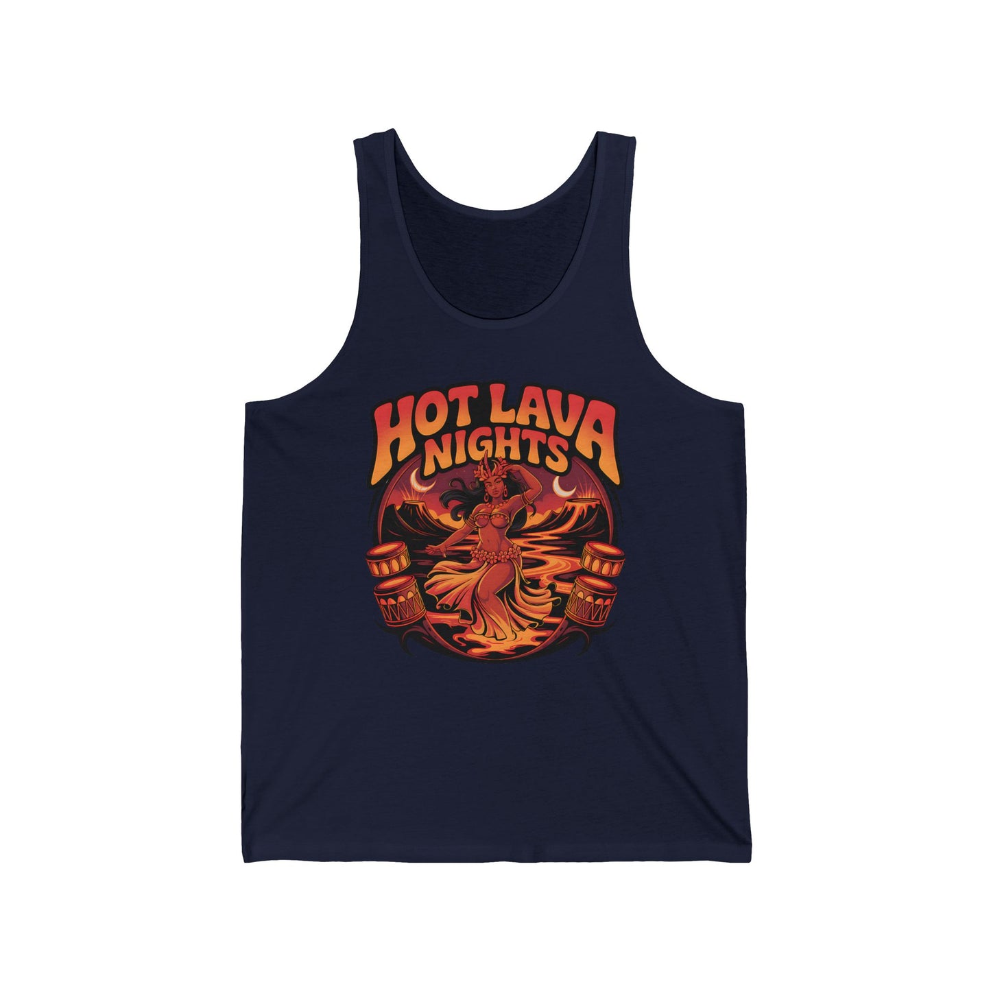 The Hot Lava Nights Unisex Jersey Tiki Tank Top features a woman dancing amid flames and tiki torches, with “HOT LAVA NIGHTS” in bold letters. Crafted from lightweight fabric for summer vibes and comfort.