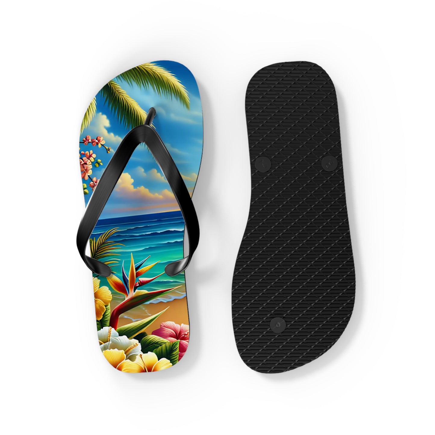 Tropical Paradise Flip Flops - Beach Vibe Sandals with Palm Trees & Ocean Scene