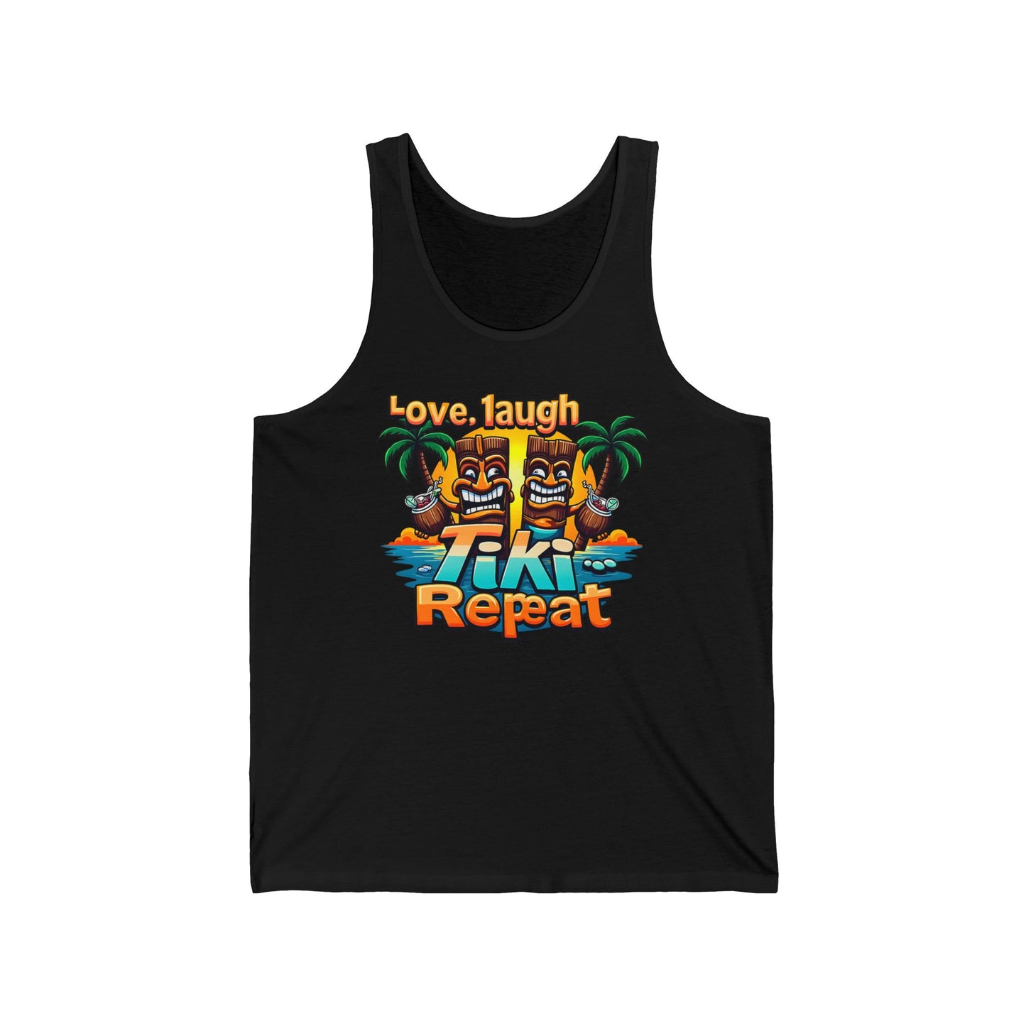 Tiki Tank Top - Love, Laugh, Tiki Repeat: Black tank with colorful tiki statues, palm trees, water, and bold “Love, Laugh, Tiki Repeat” text. Ideal for tiki culture fans and summer parties.