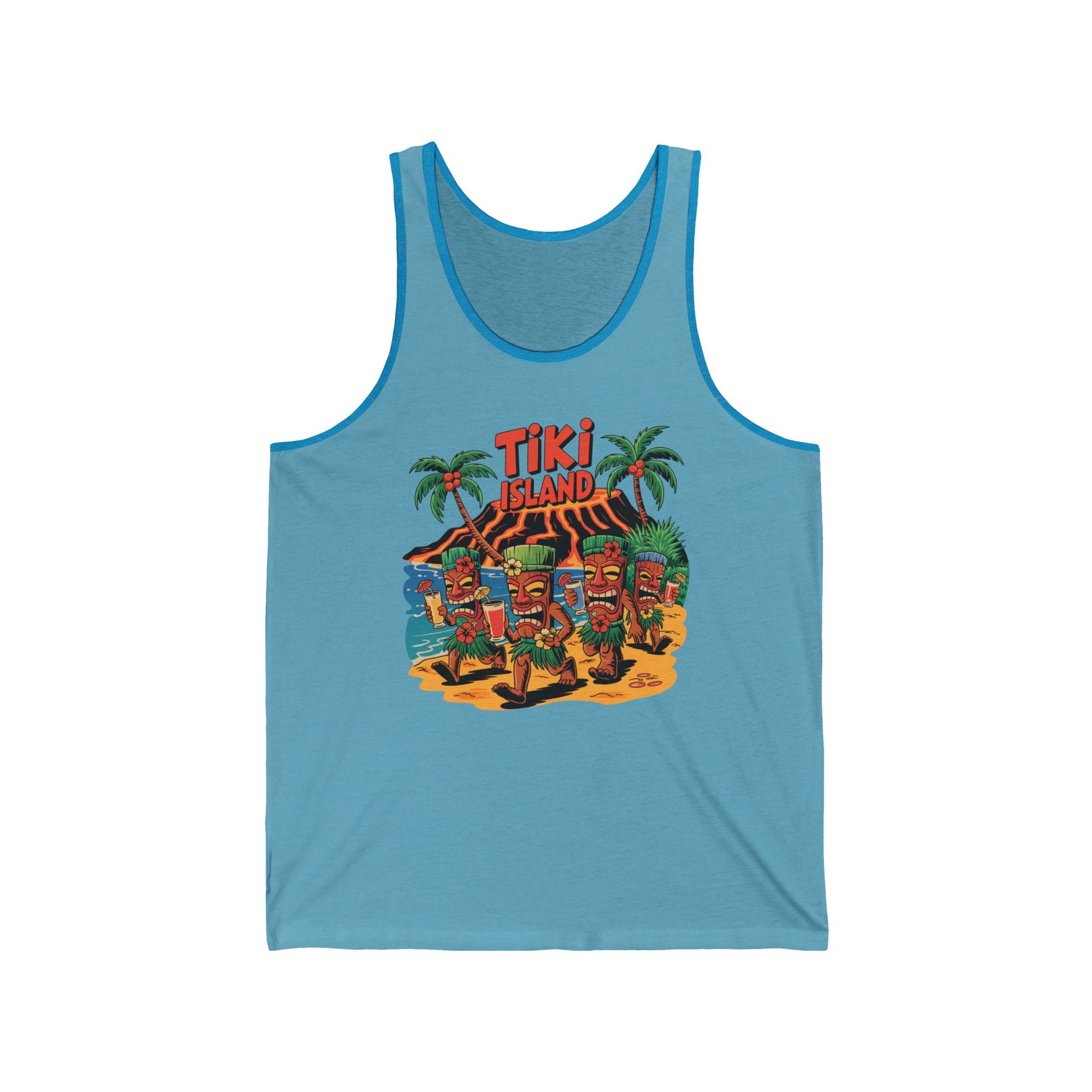 The Tiki Island Unisex Jersey Tiki Tank Top showcases vibrant tiki statues, palm trees, and waves on a sandy island with bold Tiki Island print—ideal for summer outfits or casual adventures.