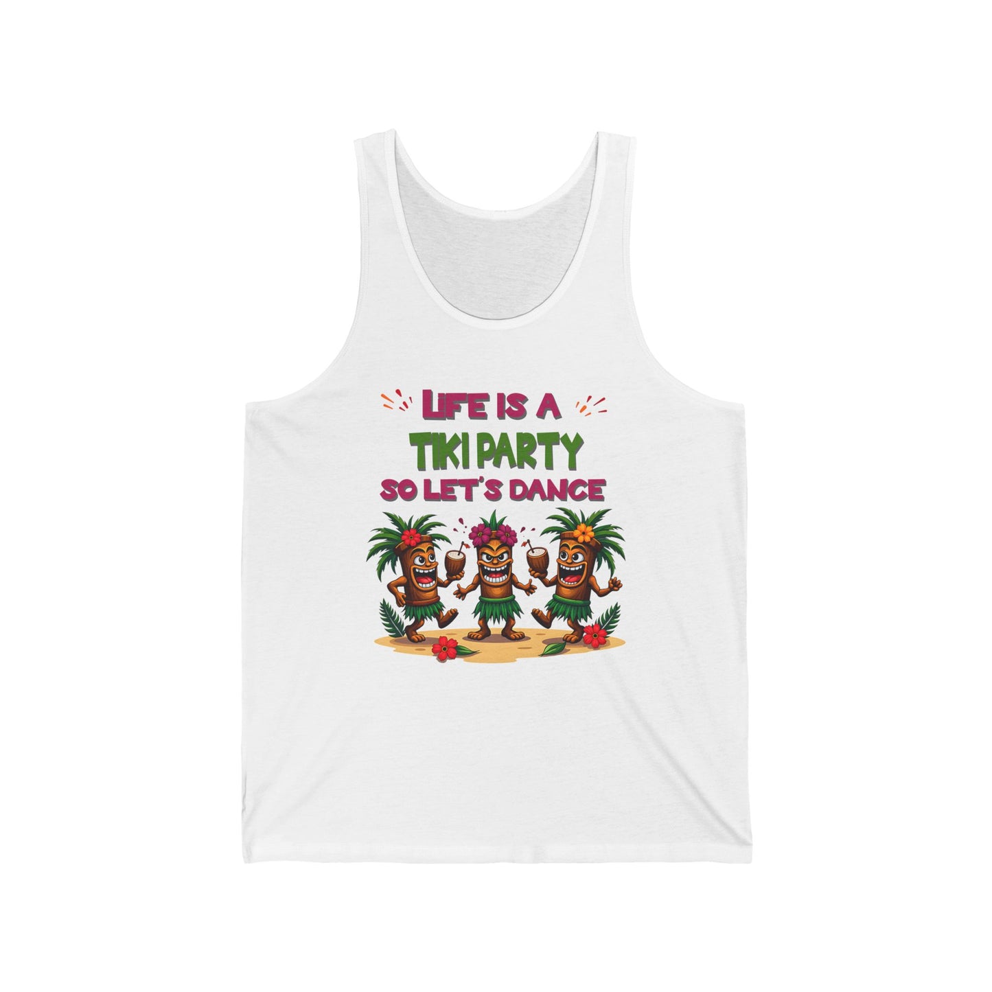 The Tiki Party Tank is a unisex jersey sleeveless top with three tiki statues, palm trees, flowers, and maracas. Colorful text reads “Life is a Tiki Party so let’s dance”—perfect for summer fun and celebrations.
