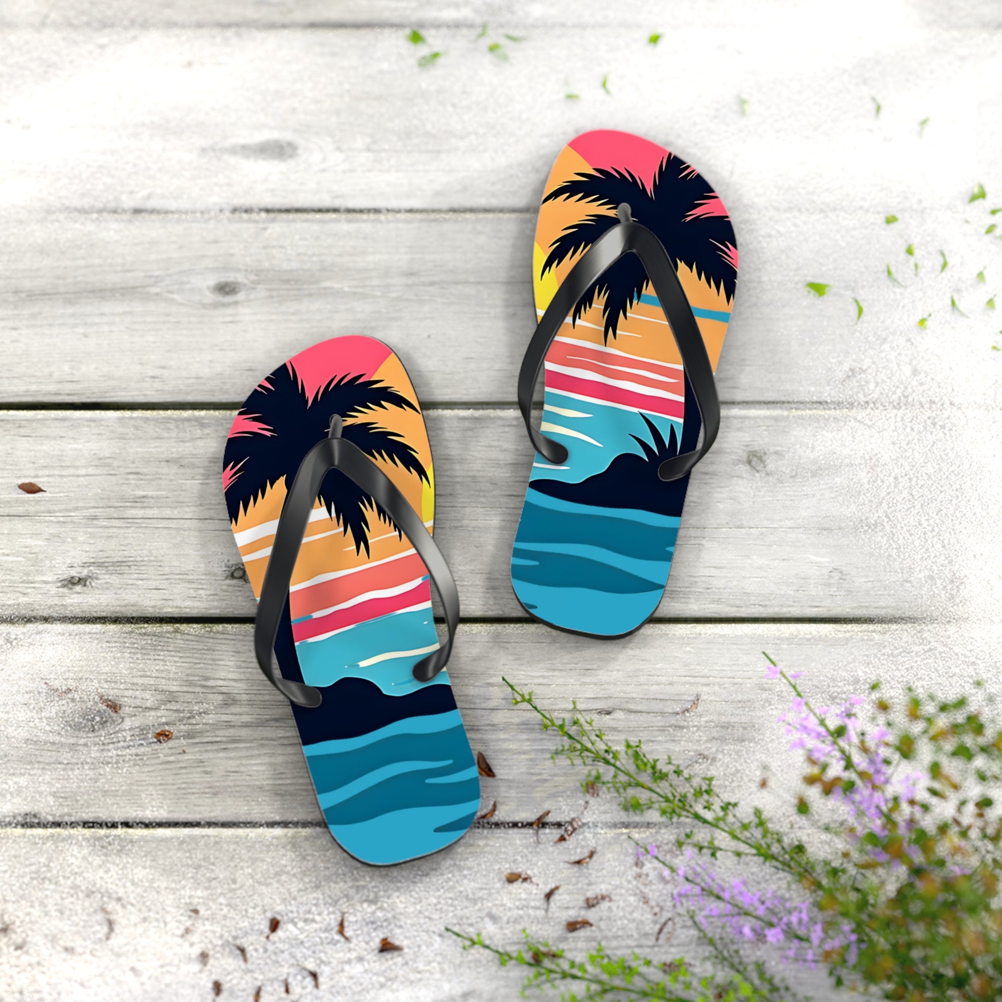 The Tropical Sunset Flip Flops | Beach Vibes Sandals feature a vibrant palm tree and ocean wave design—ideal for beach lovers wanting to elevate their summer style.