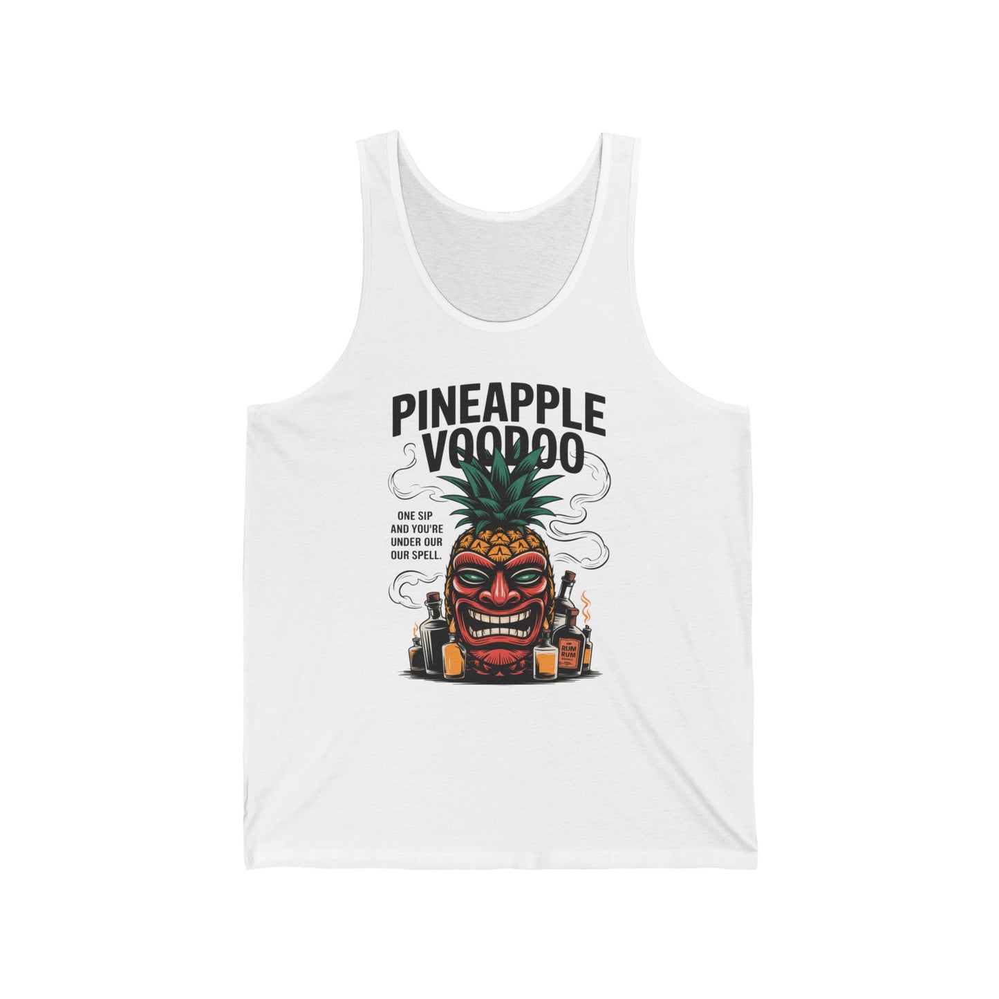 The Pineapple Voodoo Unisex Jersey Tank features a vibrant tiki pineapple head graphic with bottles and smoke, plus Pineapple Voodoo text. Ideal for tropical summer vibes at beach parties or luaus.